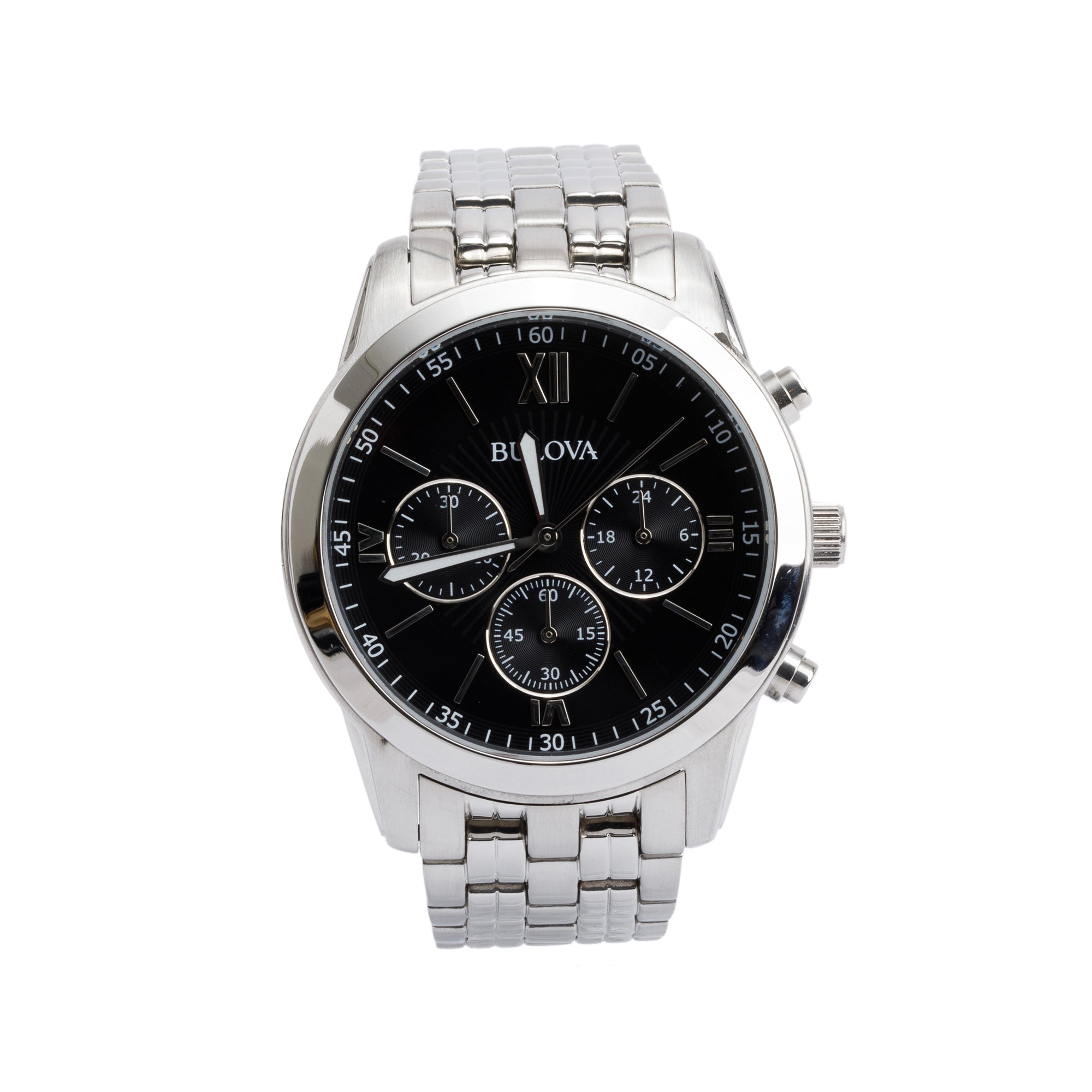 Bulova Stainless Steel 40 MM Black Dial Chronograph Quartz Watch 96A175 w/ Box