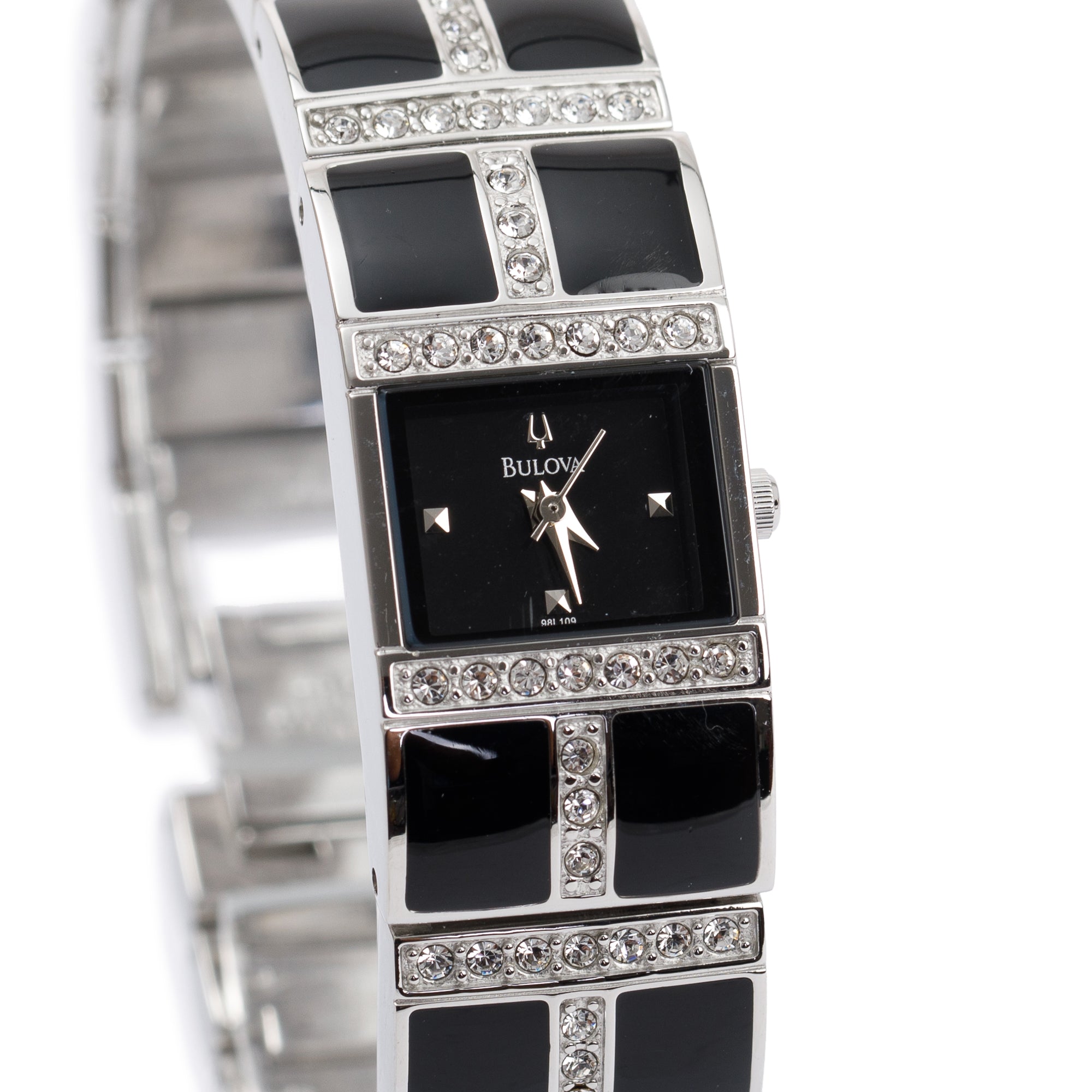 Bulova Stainless Steel & Black Enamel Crystal Accent 17 MM Dress Watch