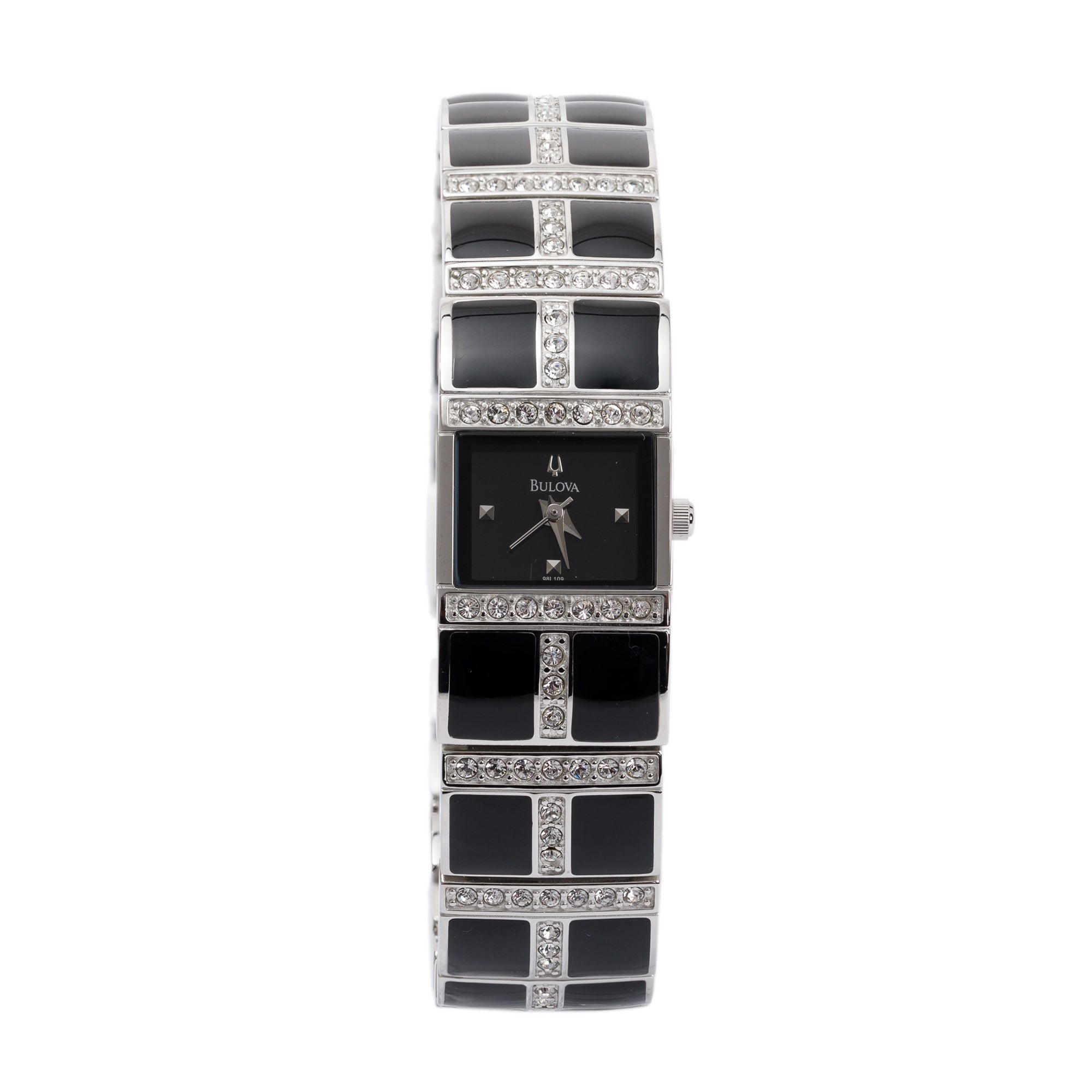 Bulova Stainless Steel & Black Enamel Crystal Accent 17 MM Dress Watch