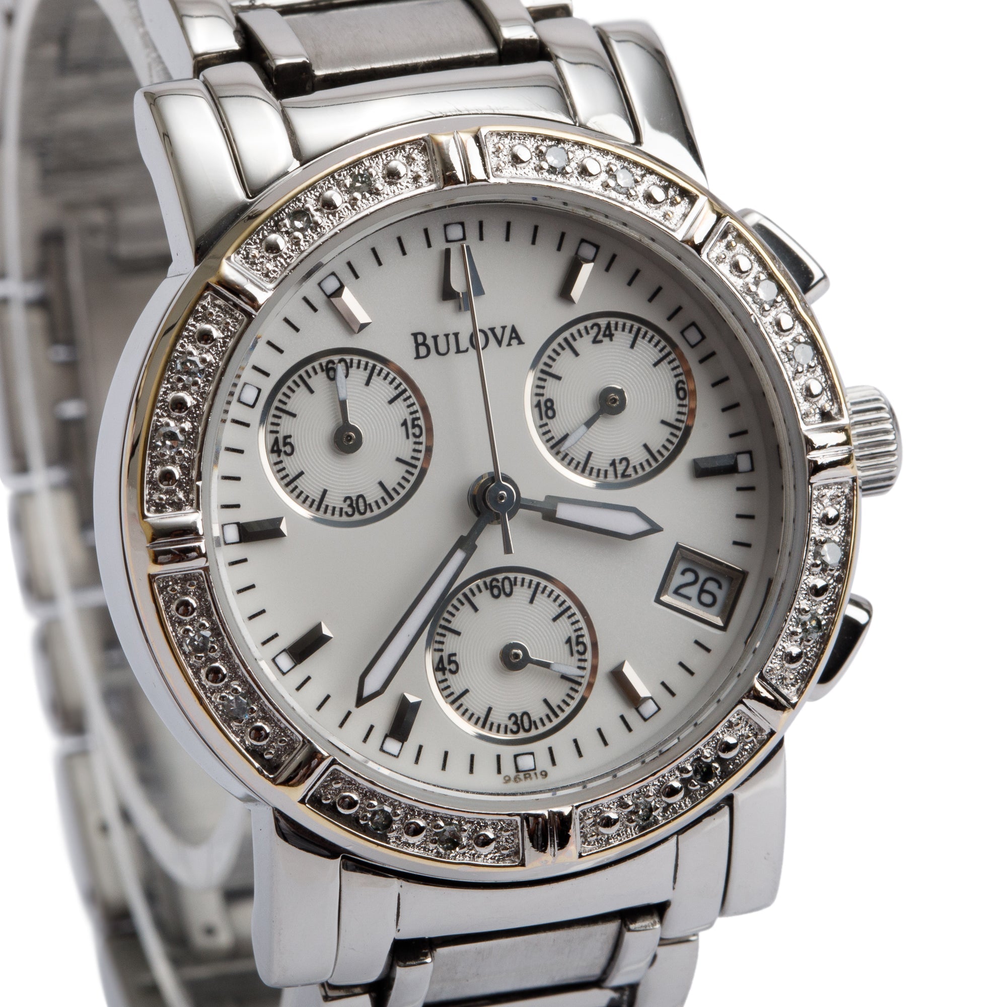 Bulova Stainless Steel Diamond Bezel 30 MM Chronograph Quartz Watch