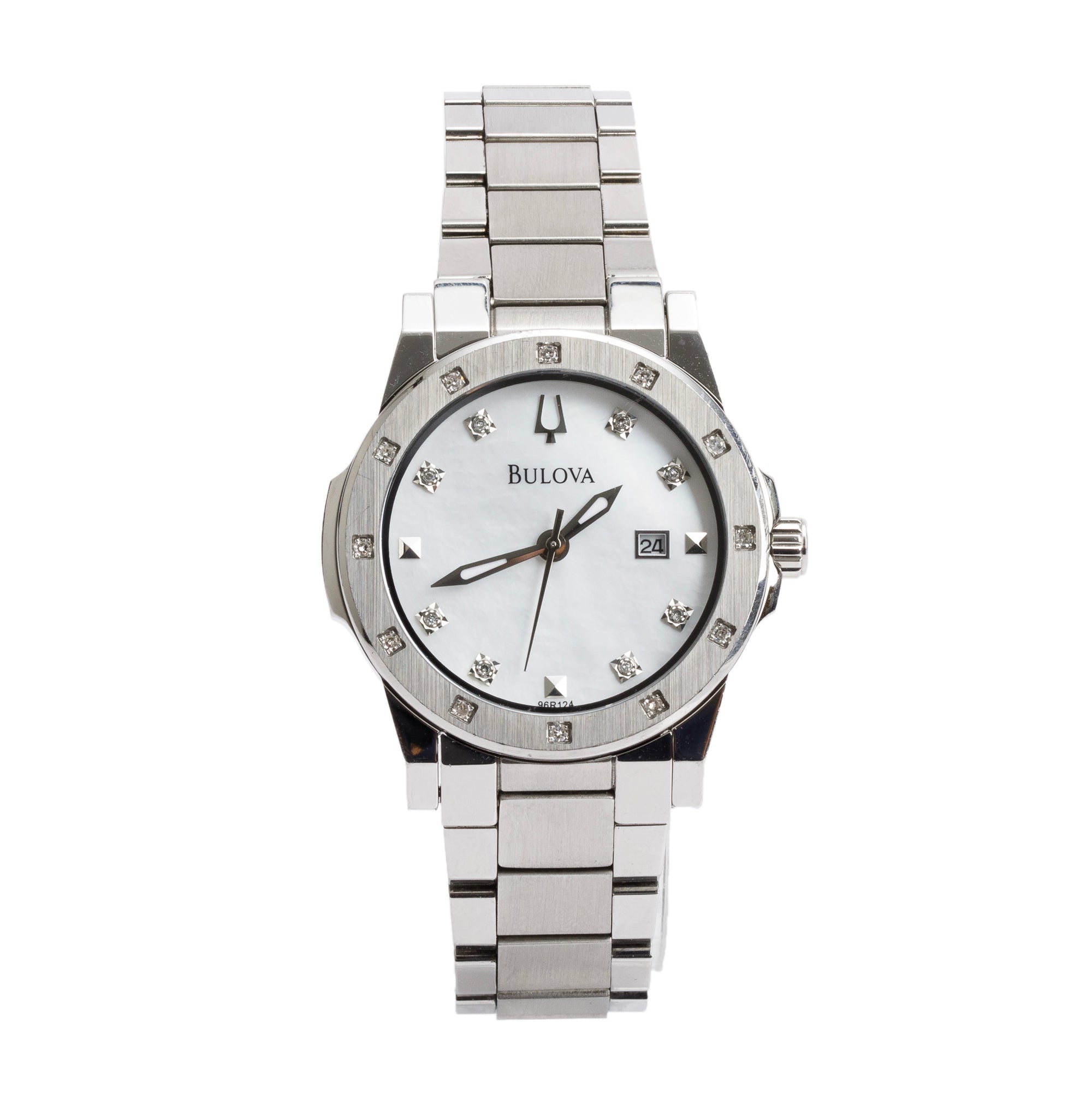 Bulova Stainless Steel Diamond Bezel Mother of Pearl Diamond Dial 30 MM Quartz Watch w/ Box