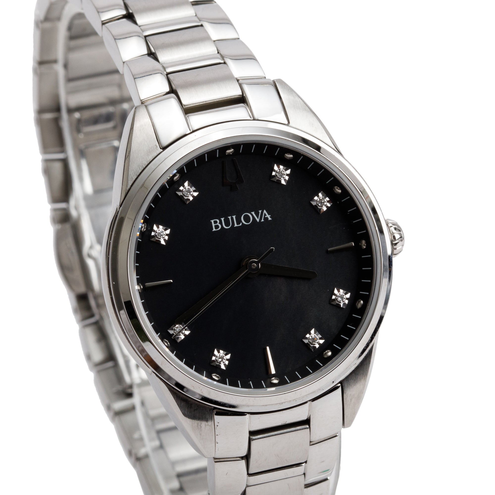 Bulova Stainless Steel Sutton Diamond Dial 32.5 MM Quartz Watch w/ Box