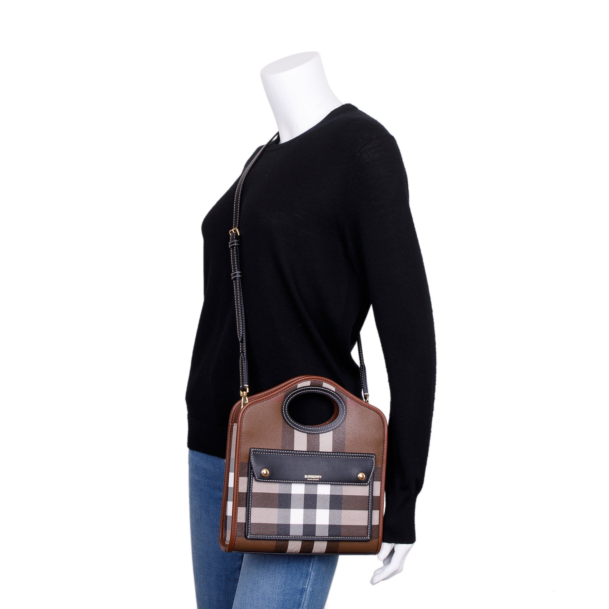 Burberry 2023 Brown Check Canvas and Black/Brown Leather Mini Pocket Bag w/ Box & Receipt