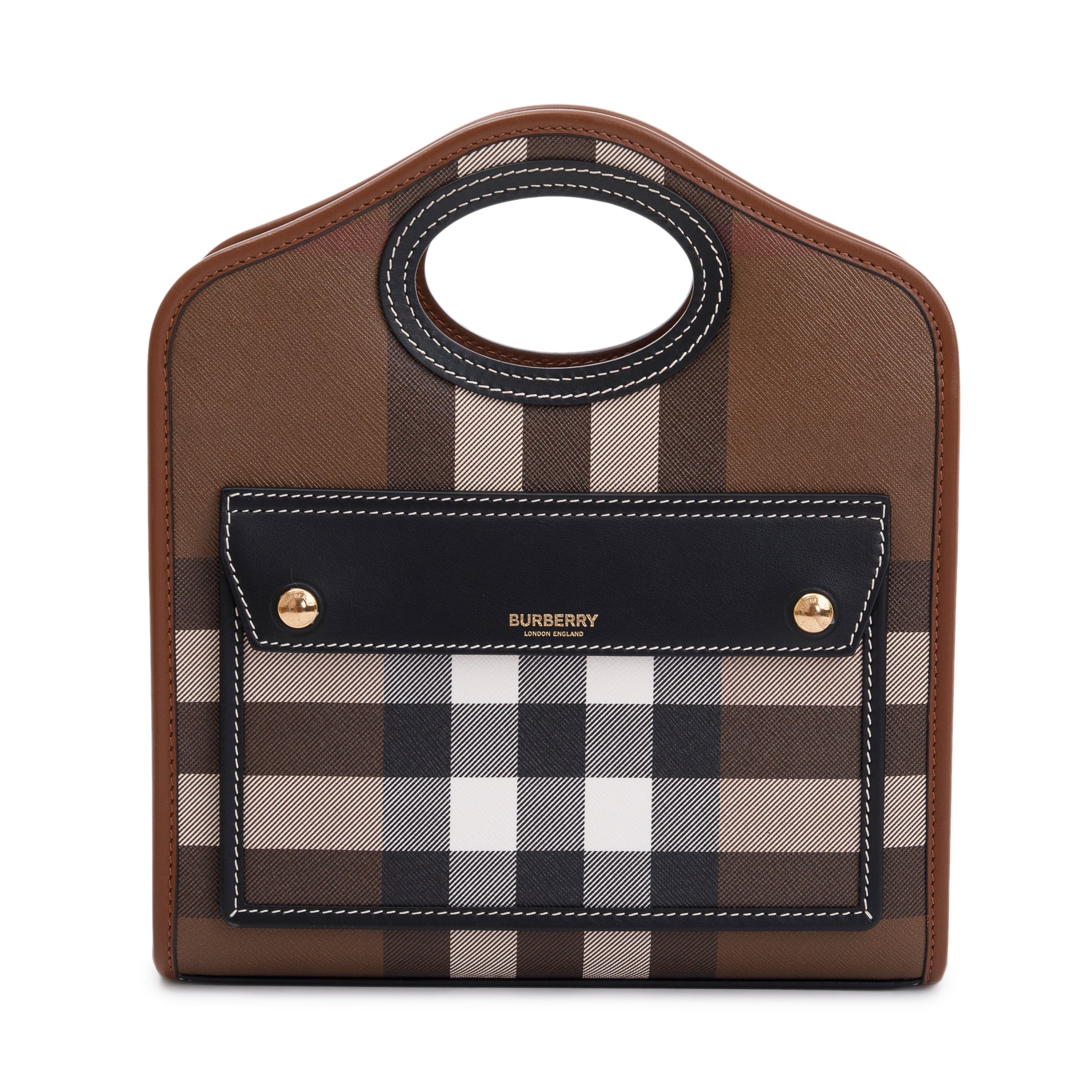 Burberry 2023 Brown Check Canvas and Black/Brown Leather Mini Pocket Bag w/ Box & Receipt