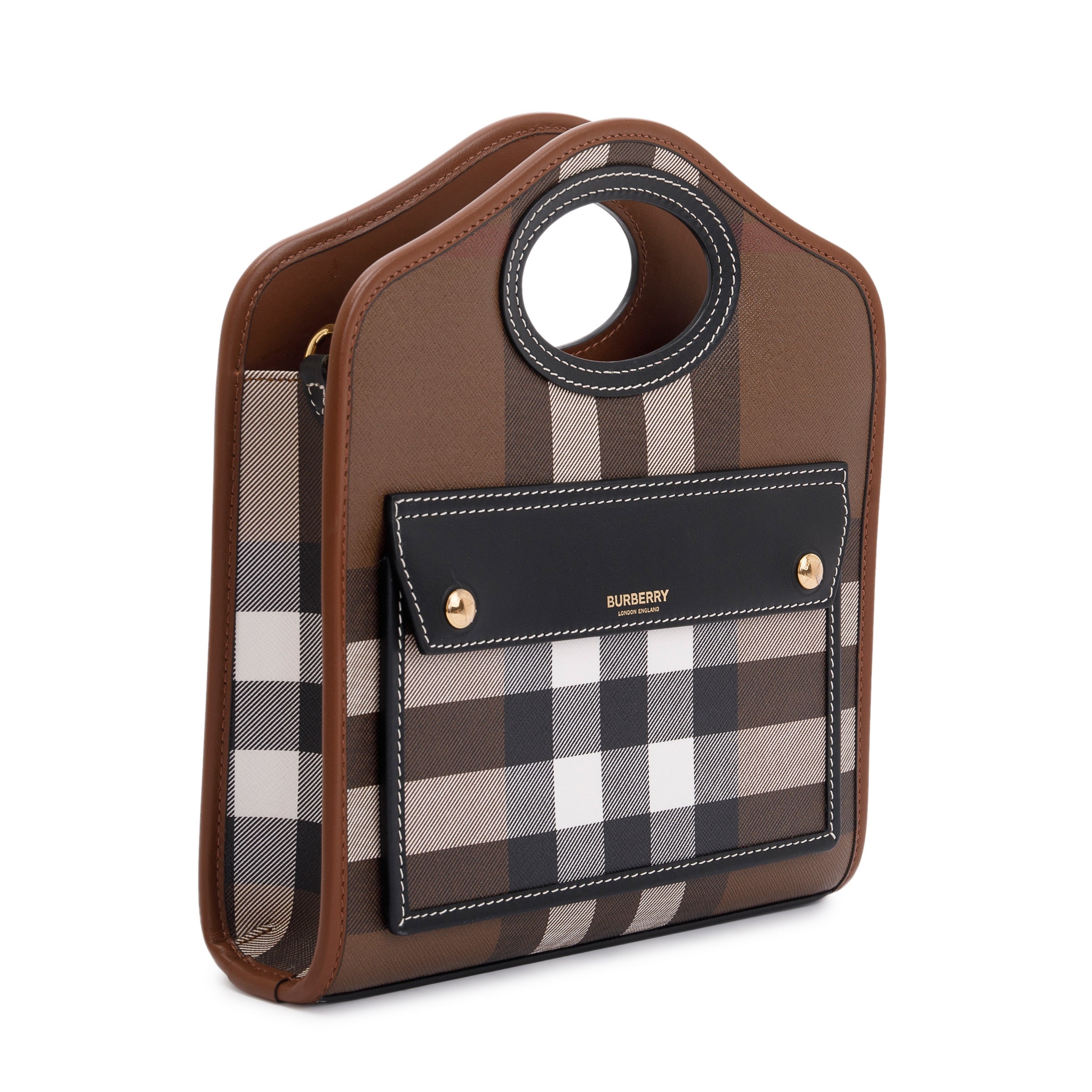 Burberry 2023 Brown Check Canvas and Black/Brown Leather Mini Pocket Bag w/ Box & Receipt