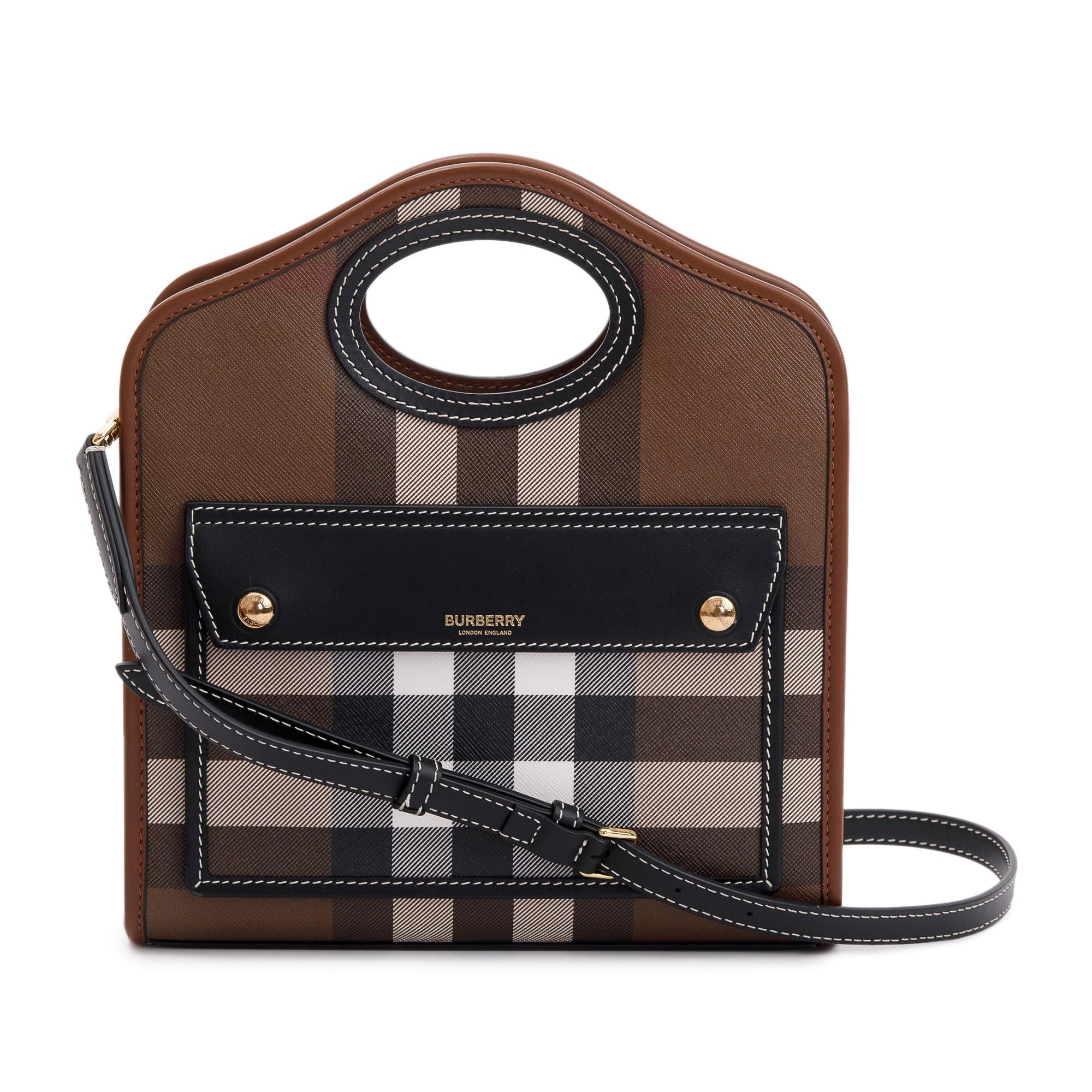 Burberry 2023 Brown Check Canvas and Black/Brown Leather Mini Pocket Bag w/ Box & Receipt