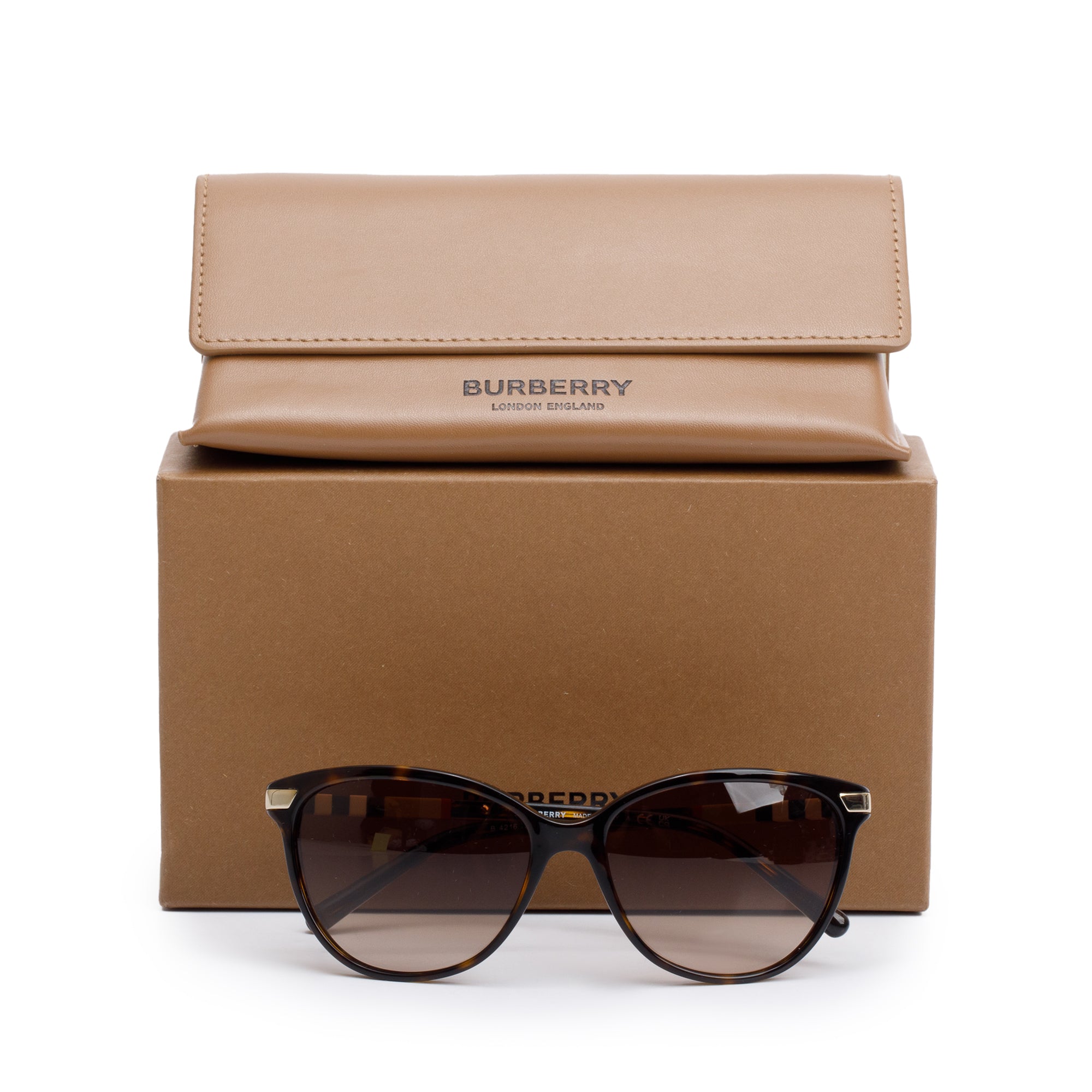 Burberry B 4216 House Check & Havana Acetate Round Sunglasses w/ Box & Case