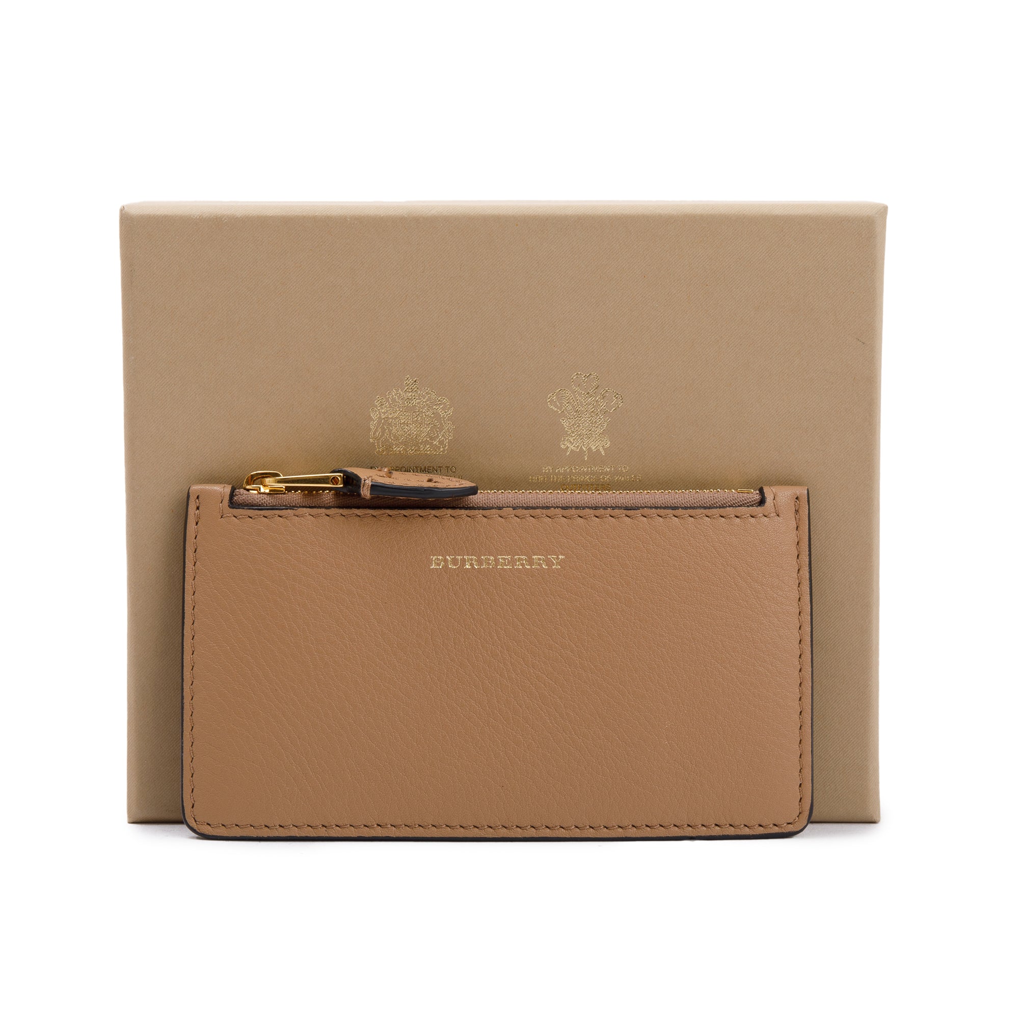 Burberry Beige Calfskin Leather Zip Card Case w/ Box & Receipt