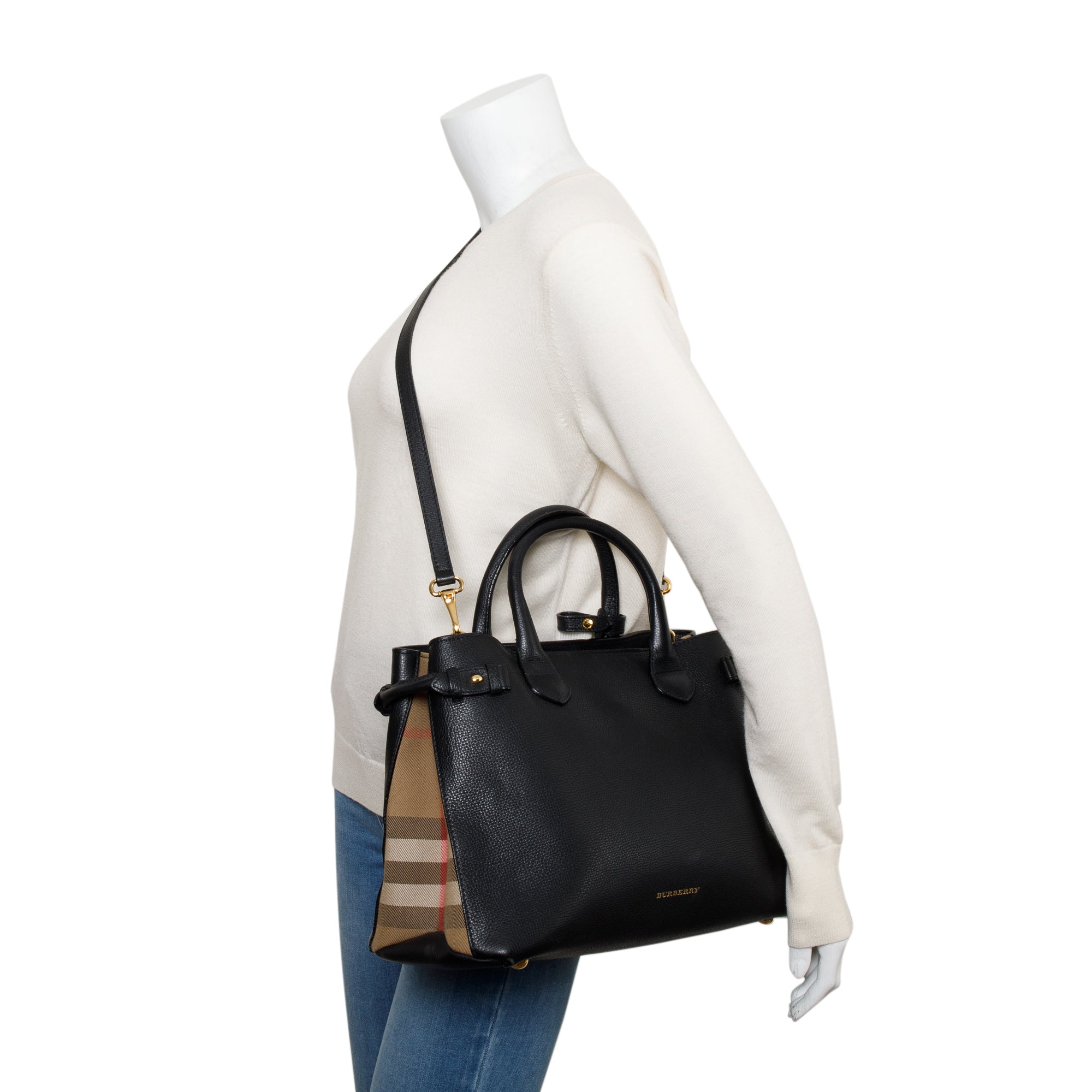 Burberry Black Calfskin Leather House Check Medium Banner Tote w