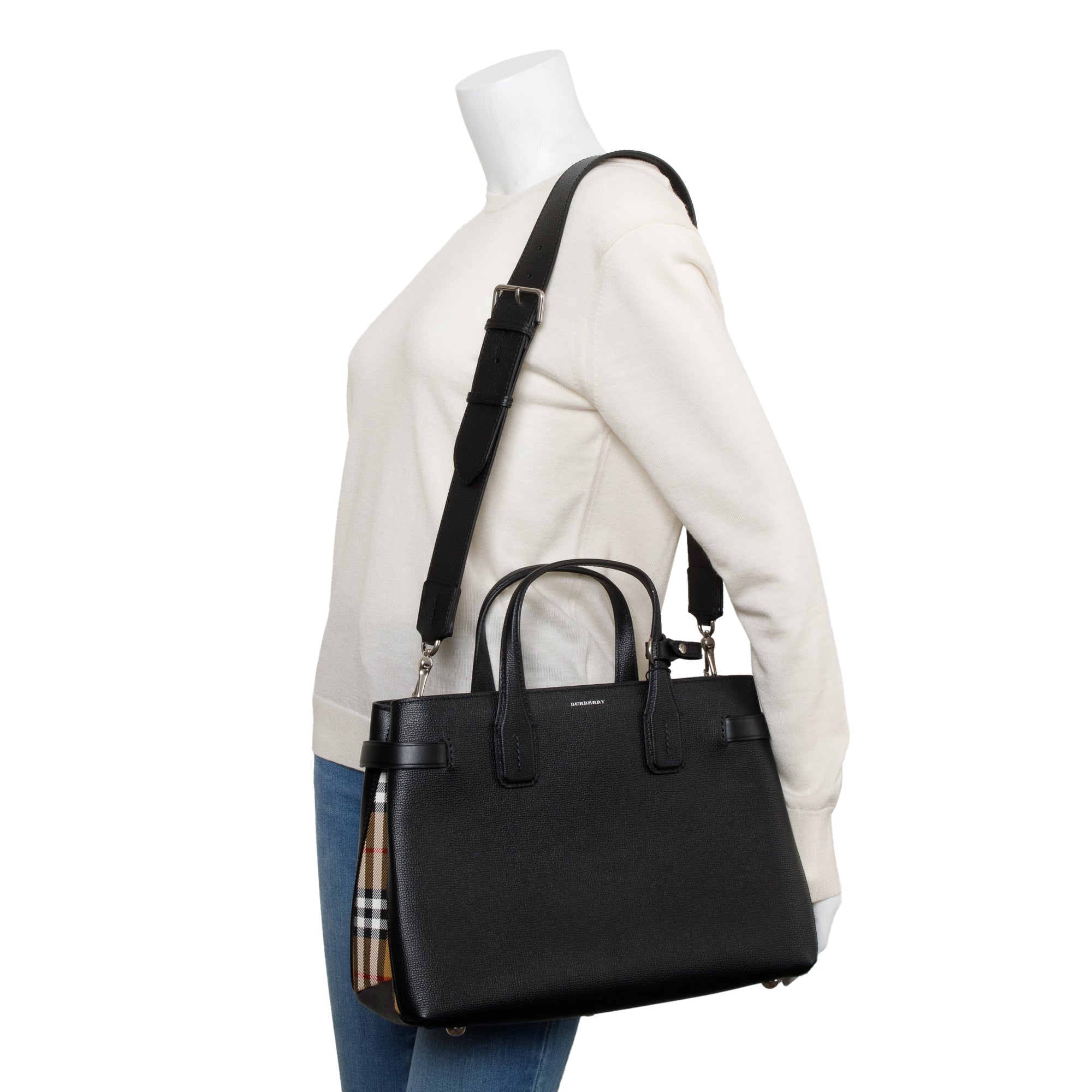 Burberry Black Calfskin Leather House Check Medium Banner Tote w/ Strap