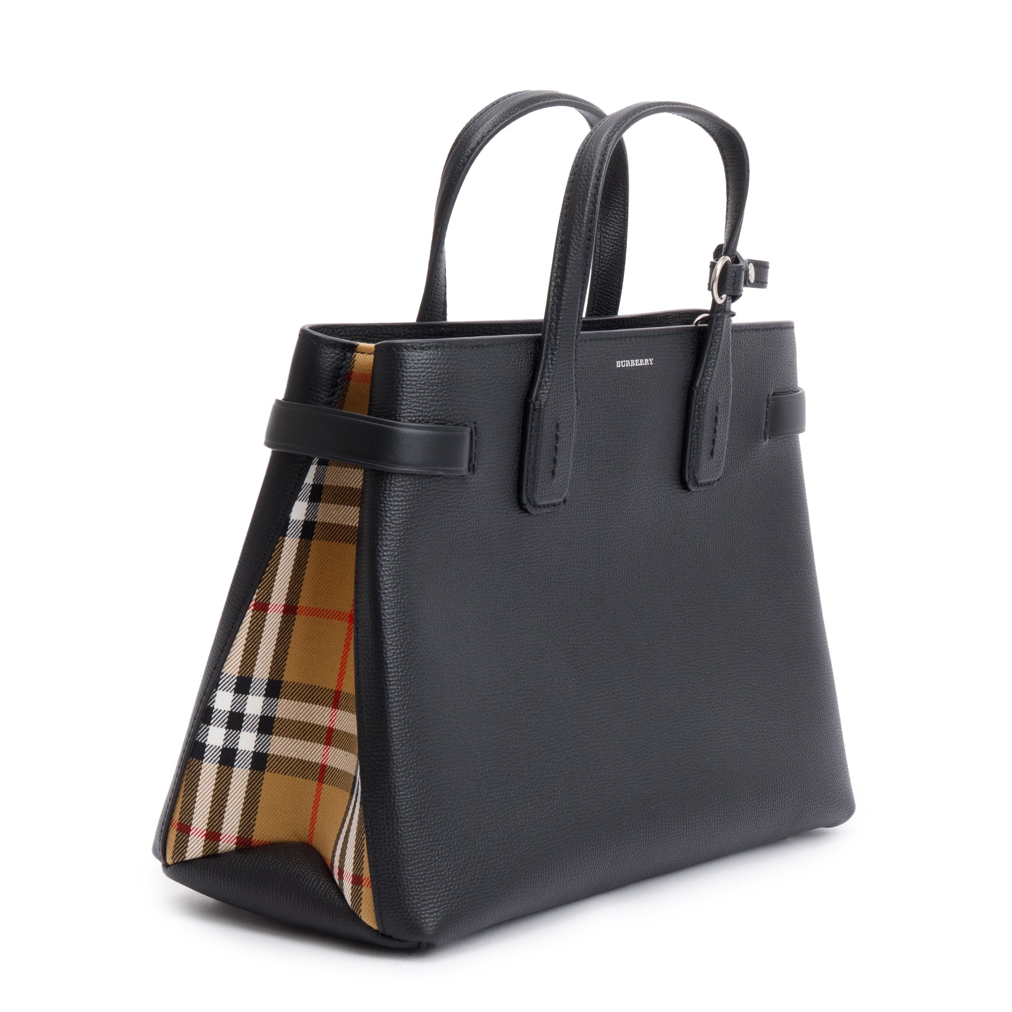 Burberry Black Calfskin Leather House Check Medium Banner Tote w/ Strap
