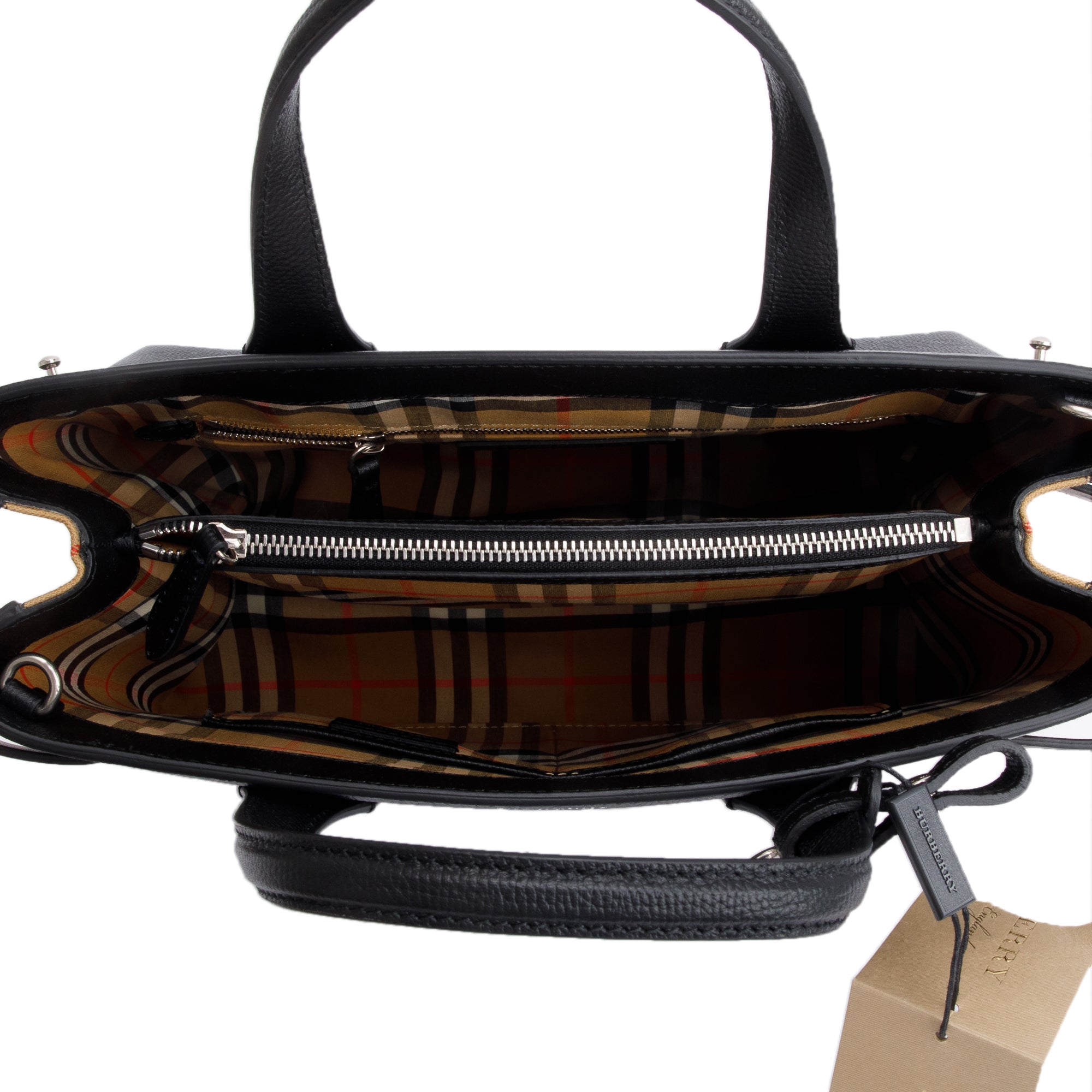 Burberry Black Calfskin Leather House Check Medium Banner Tote w/ Strap