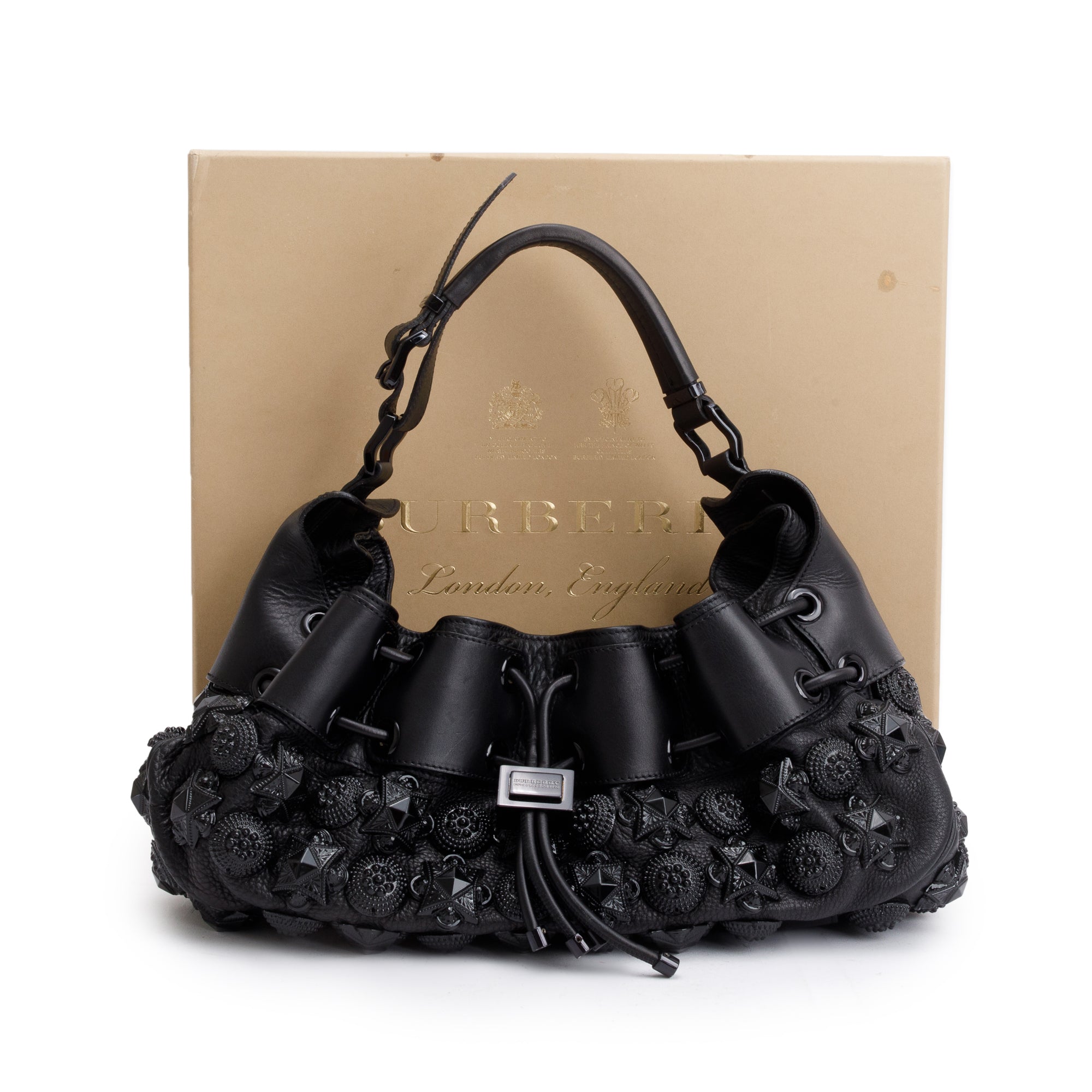 Burberry Black Calfskin Leather Mason Warrior Studded Hobo w/ Box