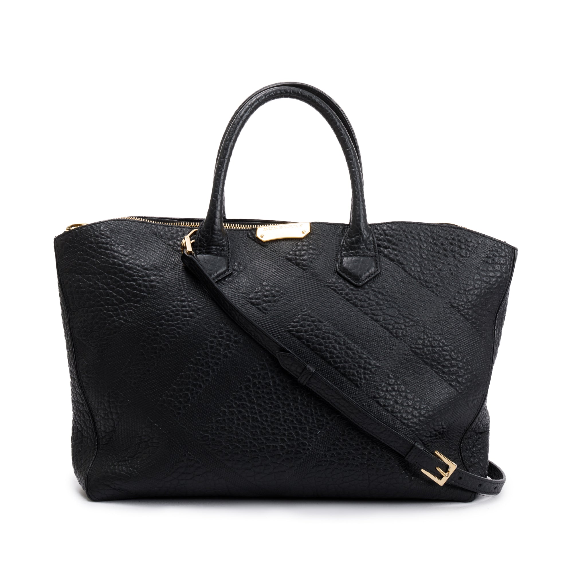 Burberry Black Check Embossed Leather Medium Dewsbury Convertible Tote w/ Strap