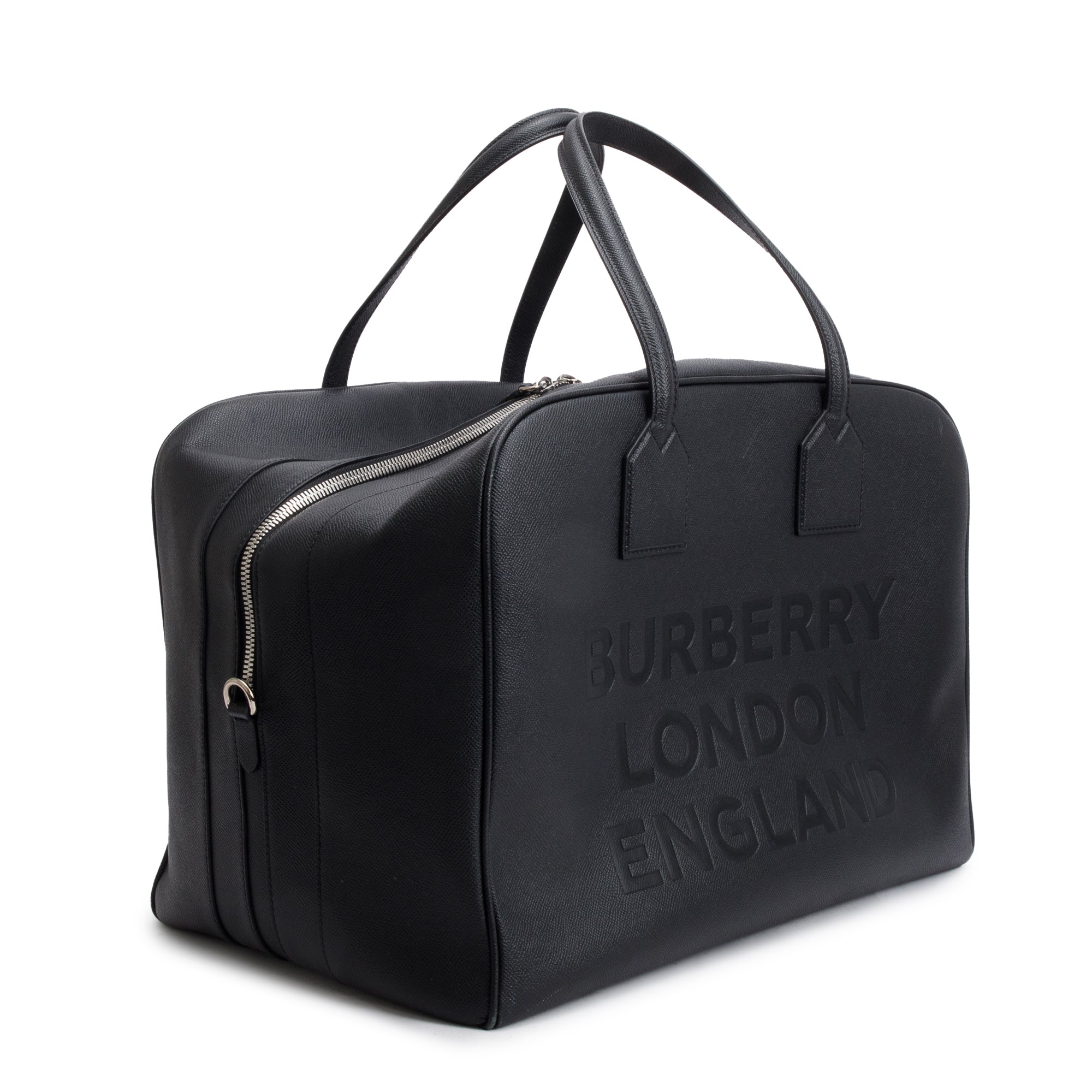 Burberry Black Grained Calfskin Leather Logo Embossed Weekender Bag