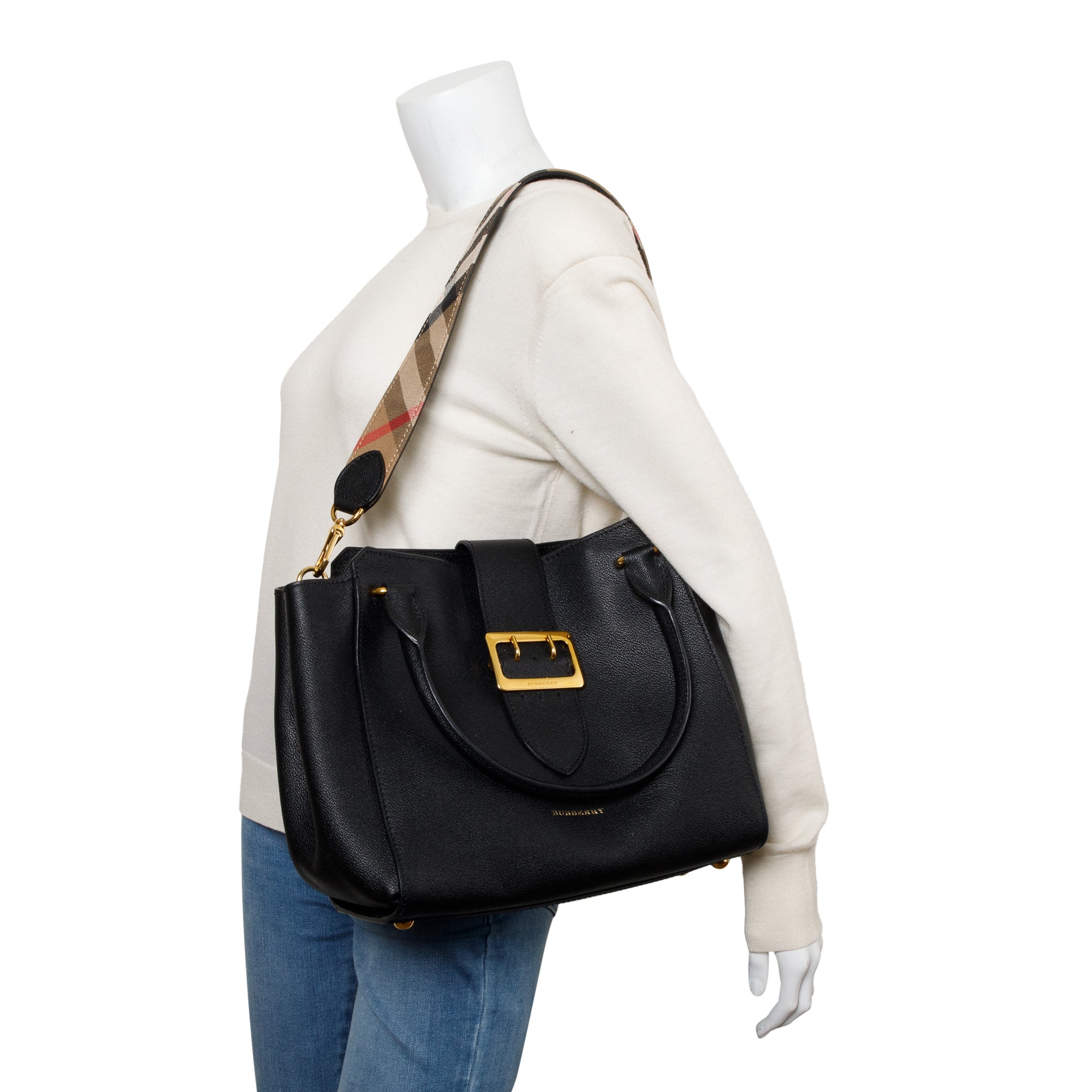 Burberry Black Grained Calfskin Leather Medium Buckle Tote Bag w/ Strap & Box