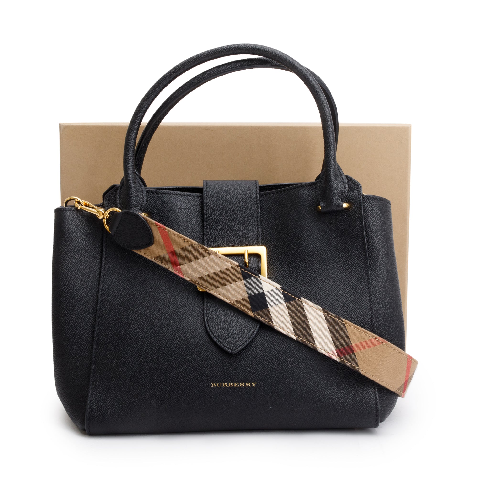 Burberry Black Grained Calfskin Leather Medium Buckle Tote Bag w/ Strap & Box
