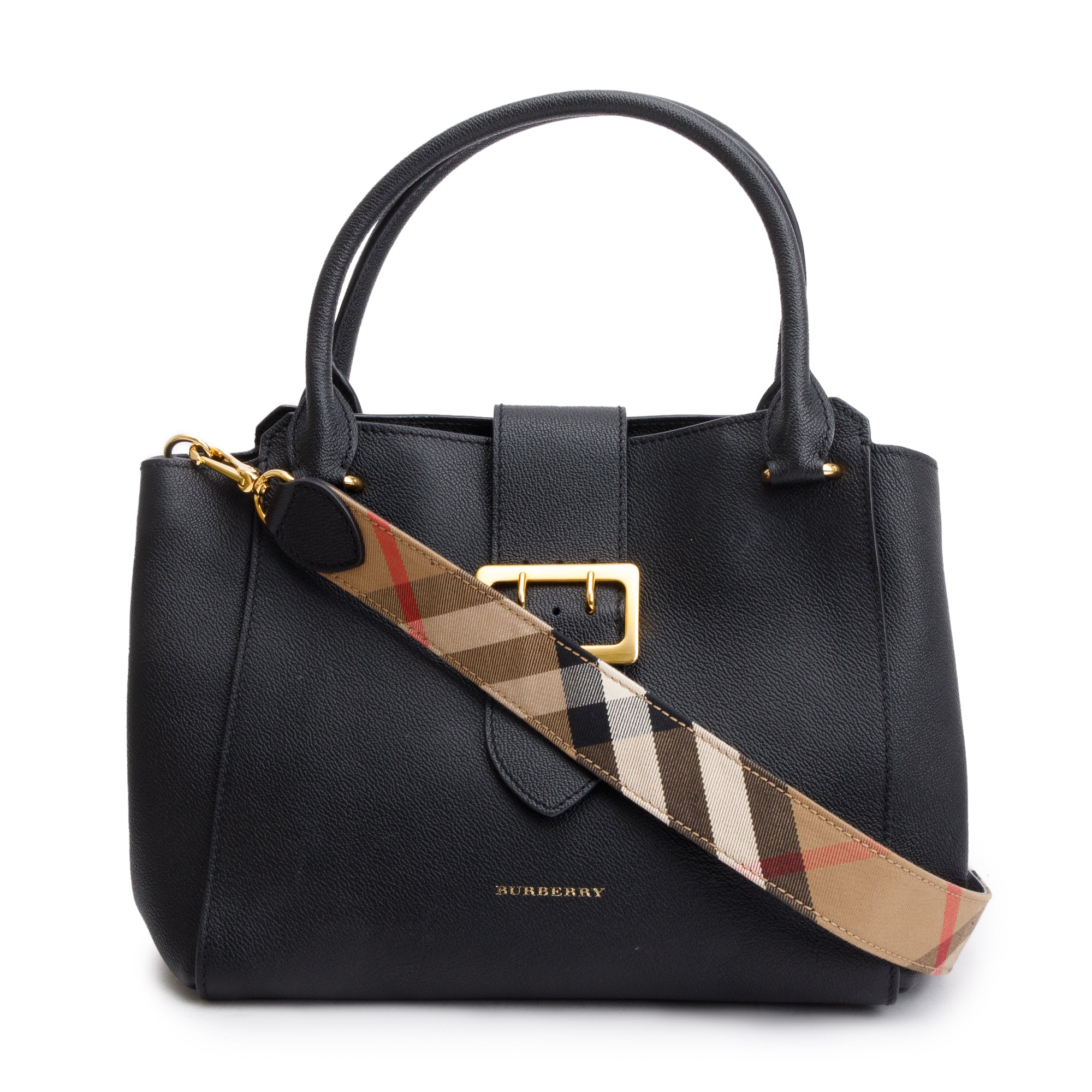 Burberry Black Grained Calfskin Leather Medium Buckle Tote Bag w/ Strap & Box