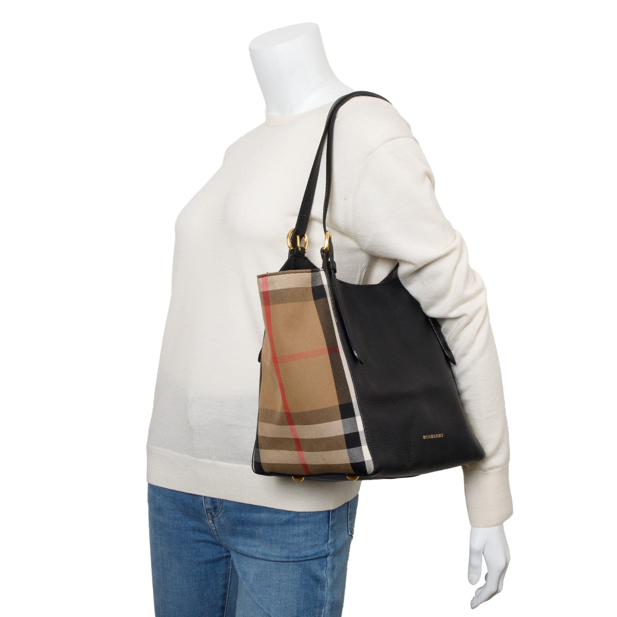 Burberry Black Leather Haymarket Check Canterbury Tote