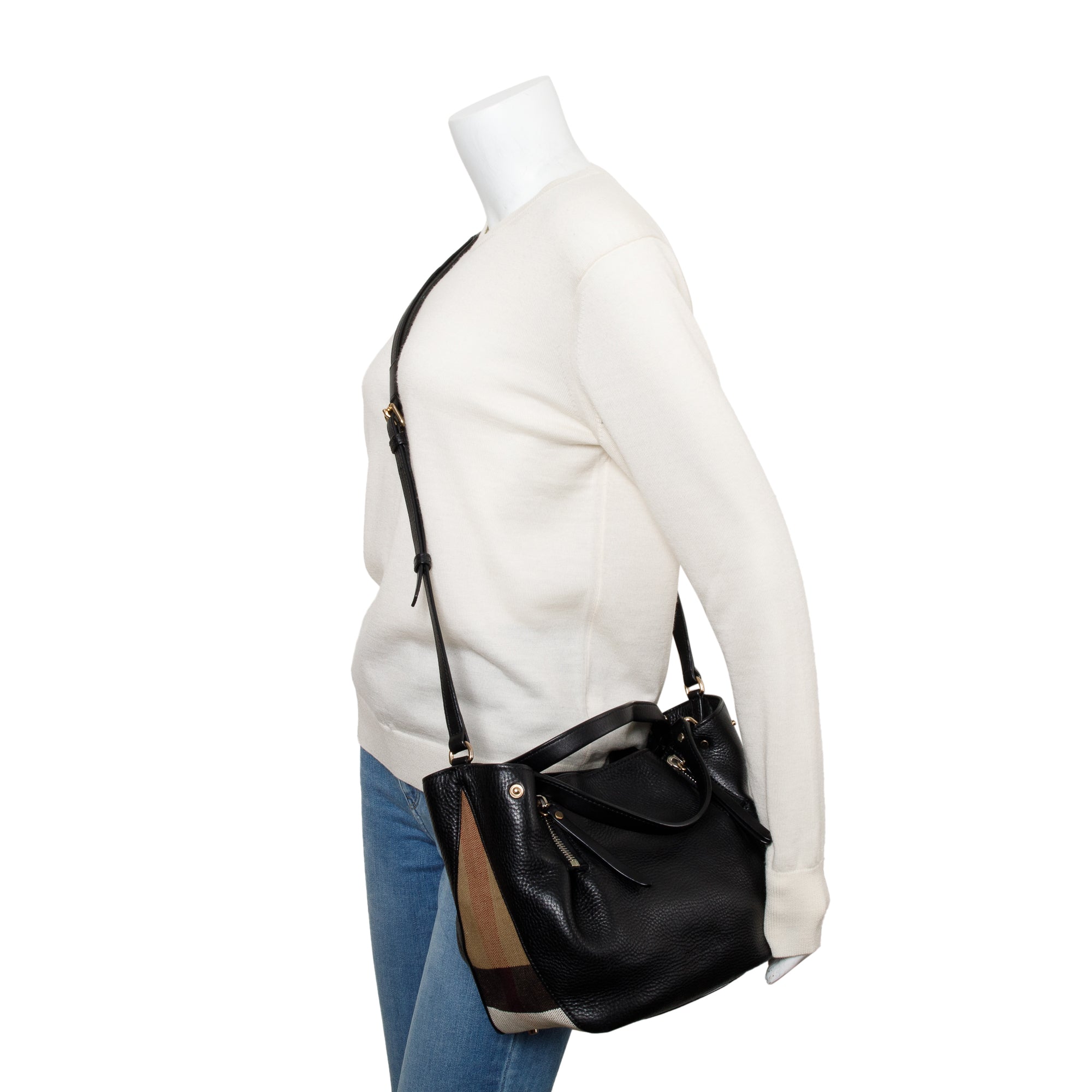 Burberry Black Leather & House Check Small Maidstone Tote