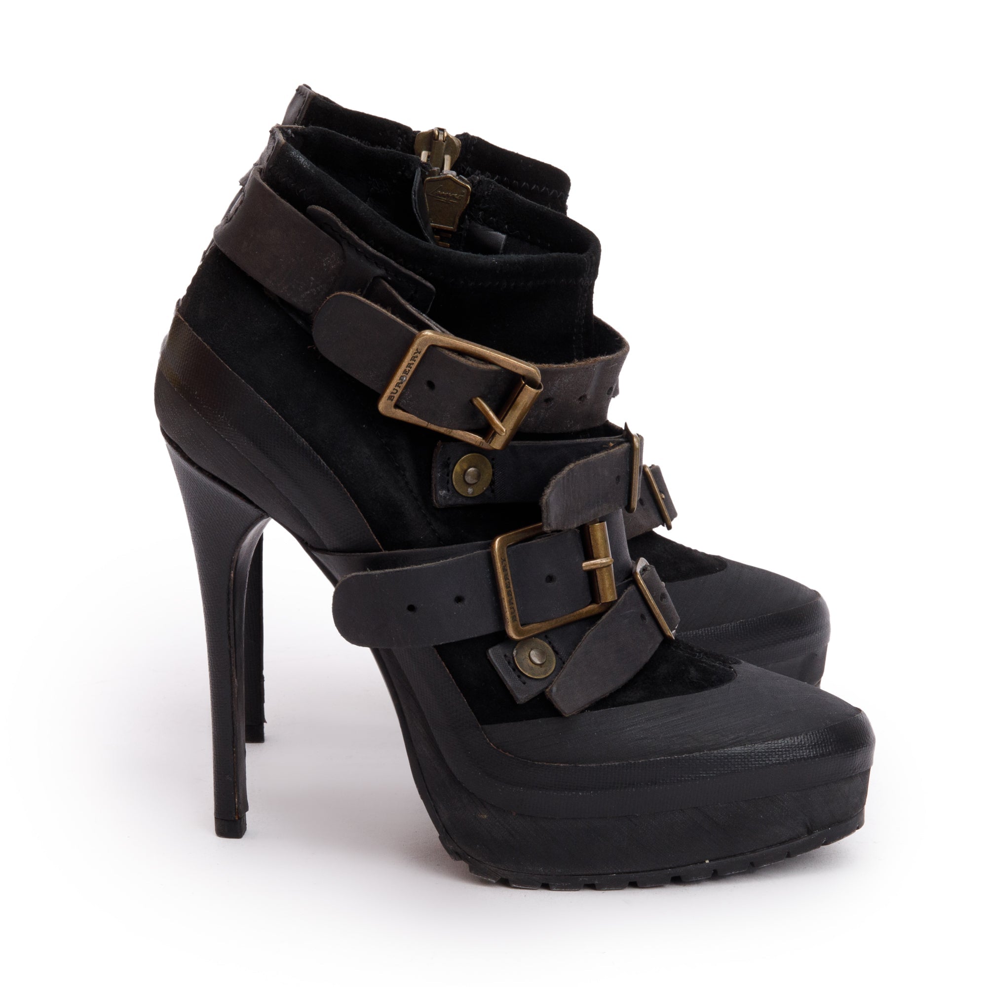 Burberry Black Leather /Suede Biker Moto Boots, Size 35.5