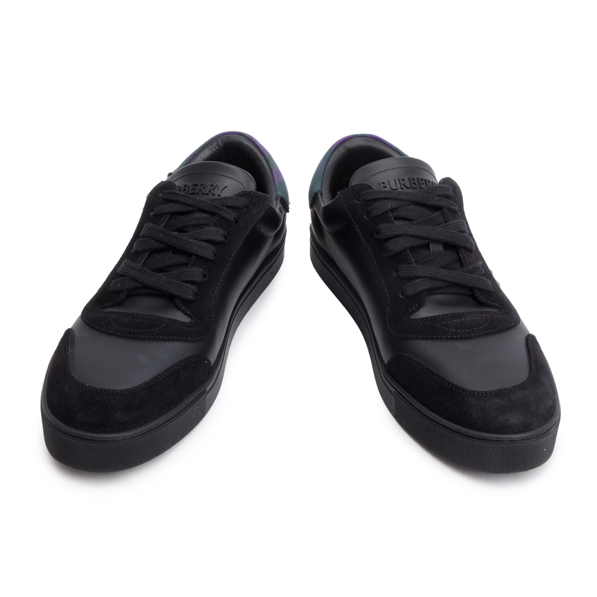 Burberry Black Leather Suede Purple Check Canvas Robin Sneakers, Size 45