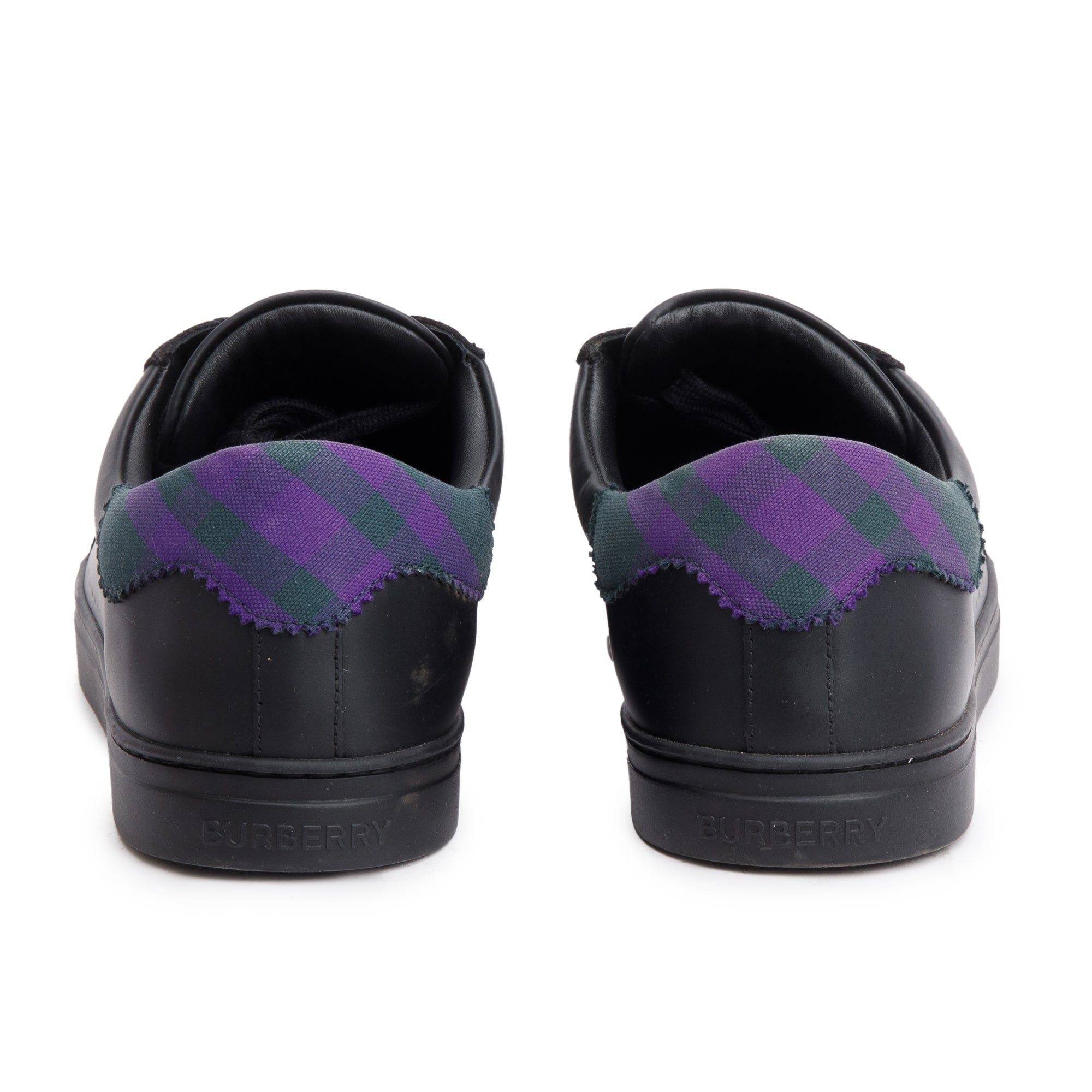 Burberry Black Leather Suede Purple Check Canvas Robin Sneakers, Size 45
