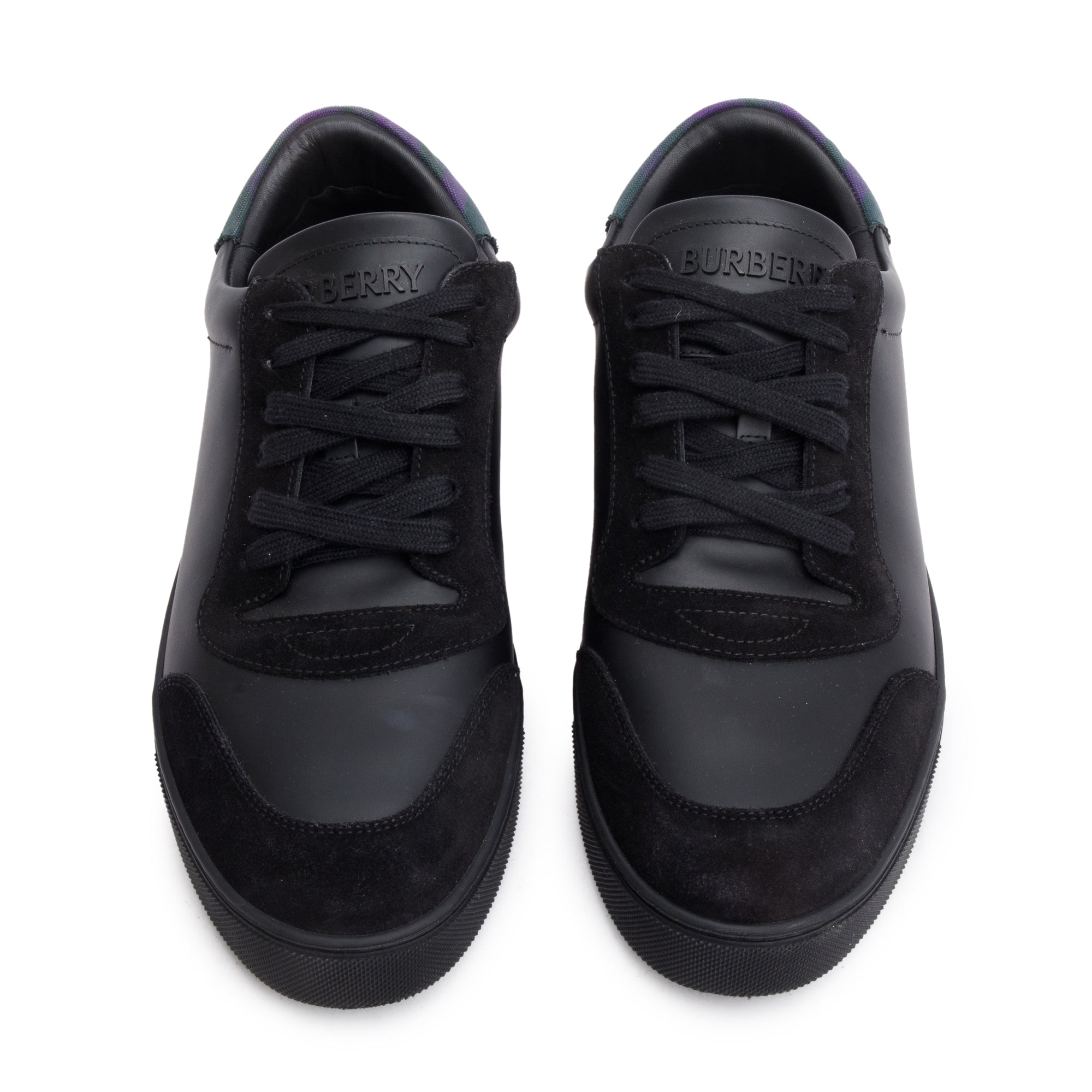 Burberry Black Leather Suede Purple Check Canvas Robin Sneakers, Size 45