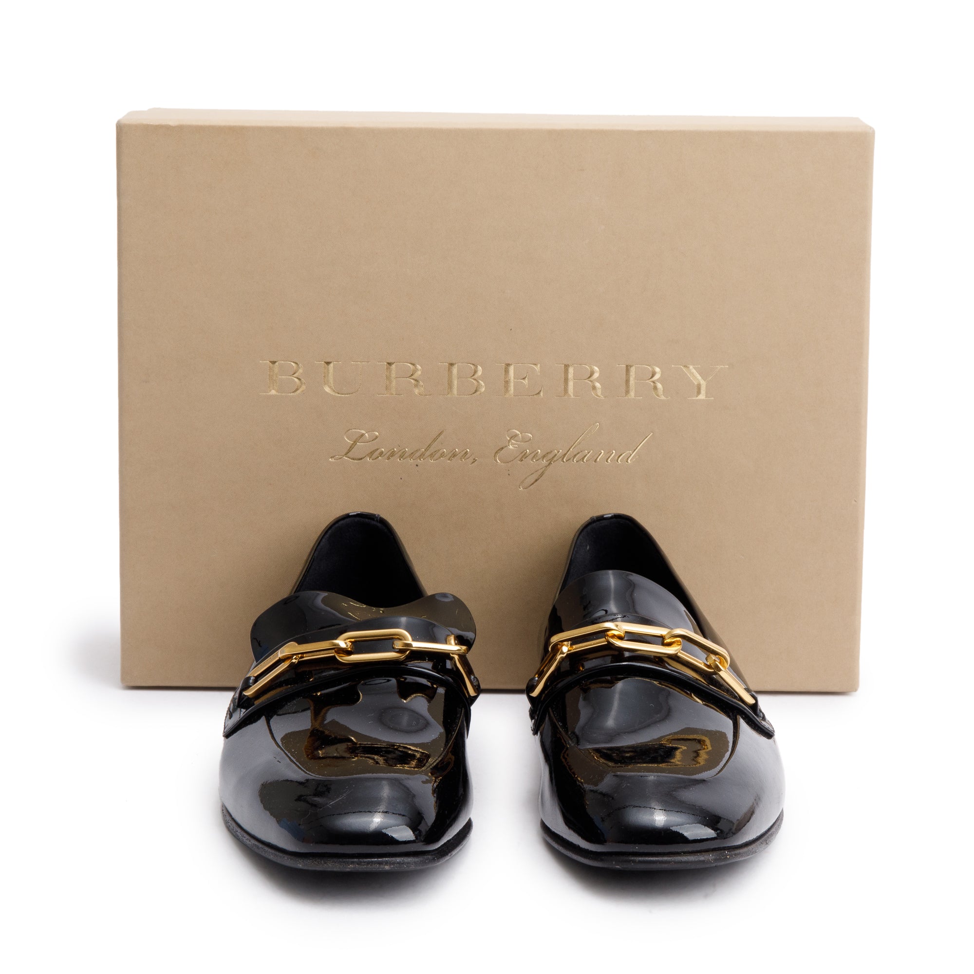 Burberry Black Patent Leather Chillcot Loafers, Size 38.5 w/ Box