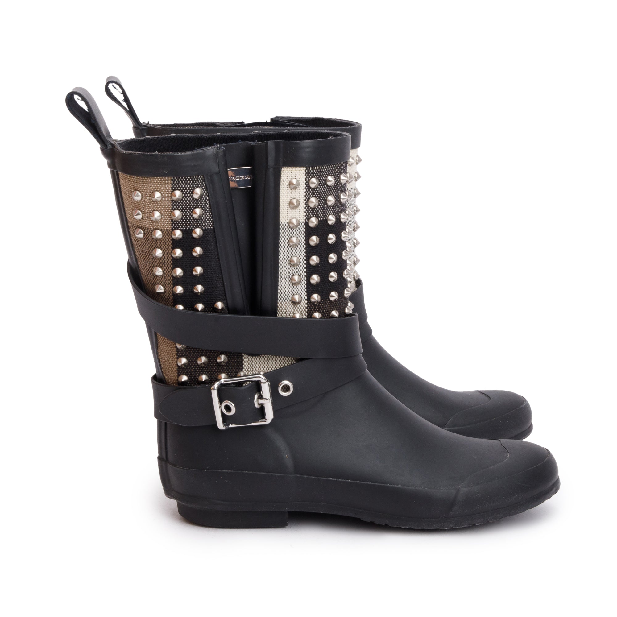 Burberry Black Rubber Nova Check Rain Boots, Size 35