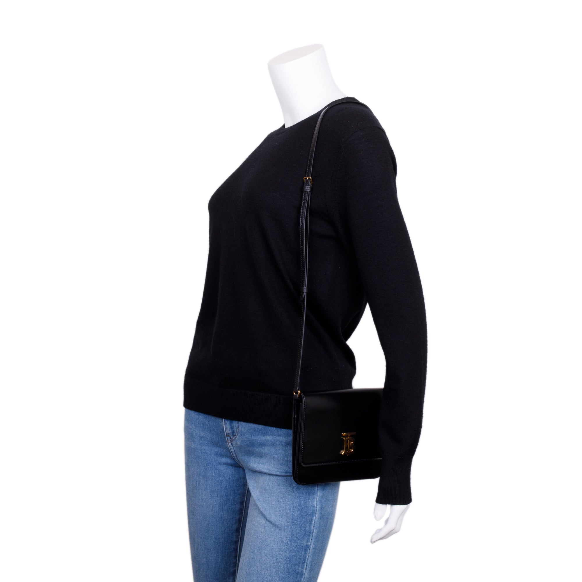 Burberry Black Smooth Calfskin Leather TB Shoulder Bag