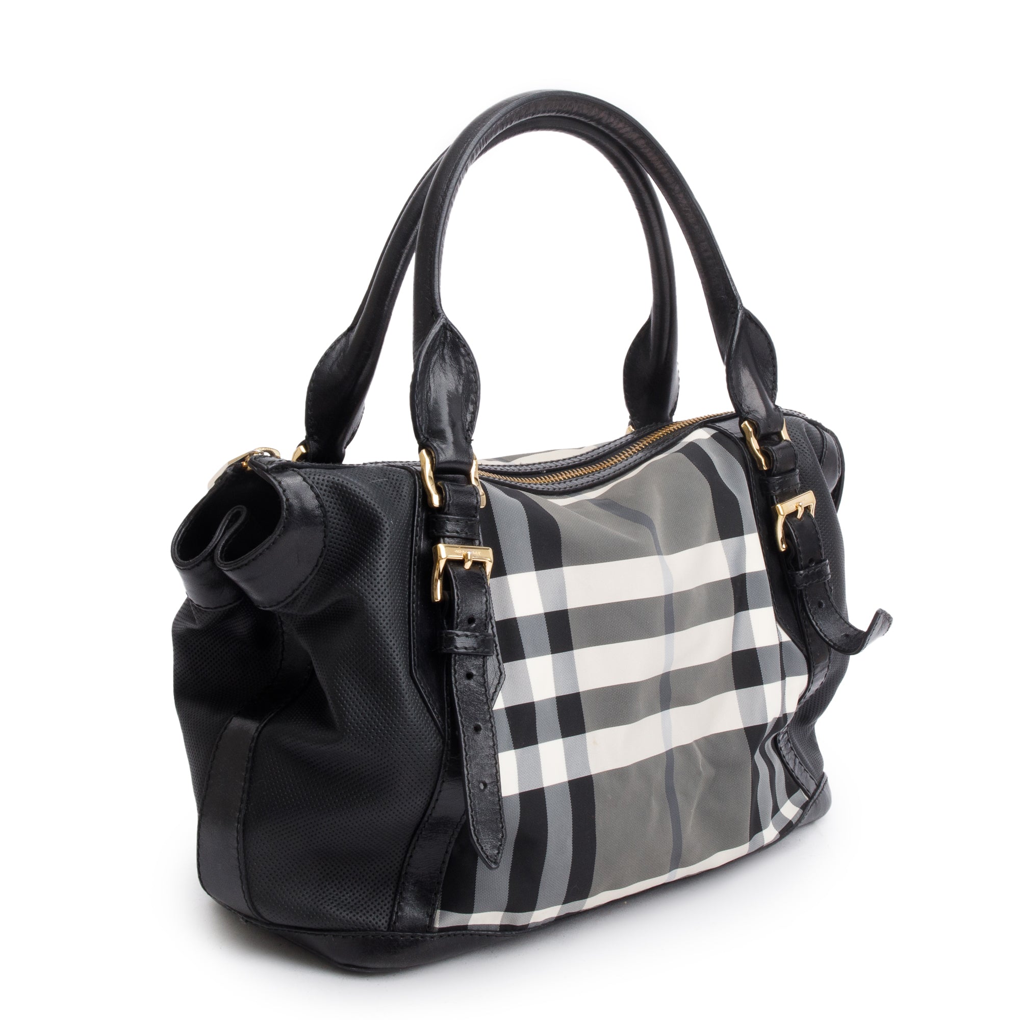 Burberry Black & White Beat Check Nylon Leather Trimmed Ellers Tote Bag
