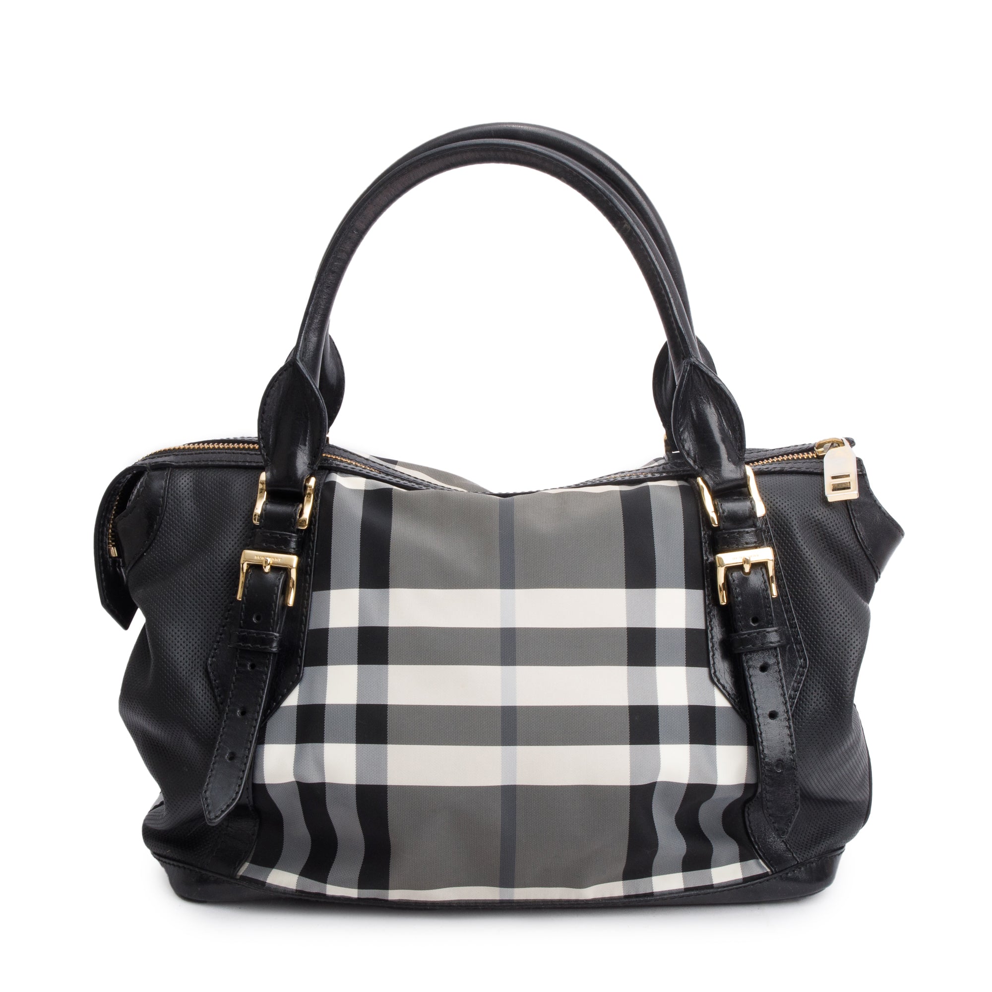 Burberry Black & White Beat Check Nylon Leather Trimmed Ellers Tote Bag