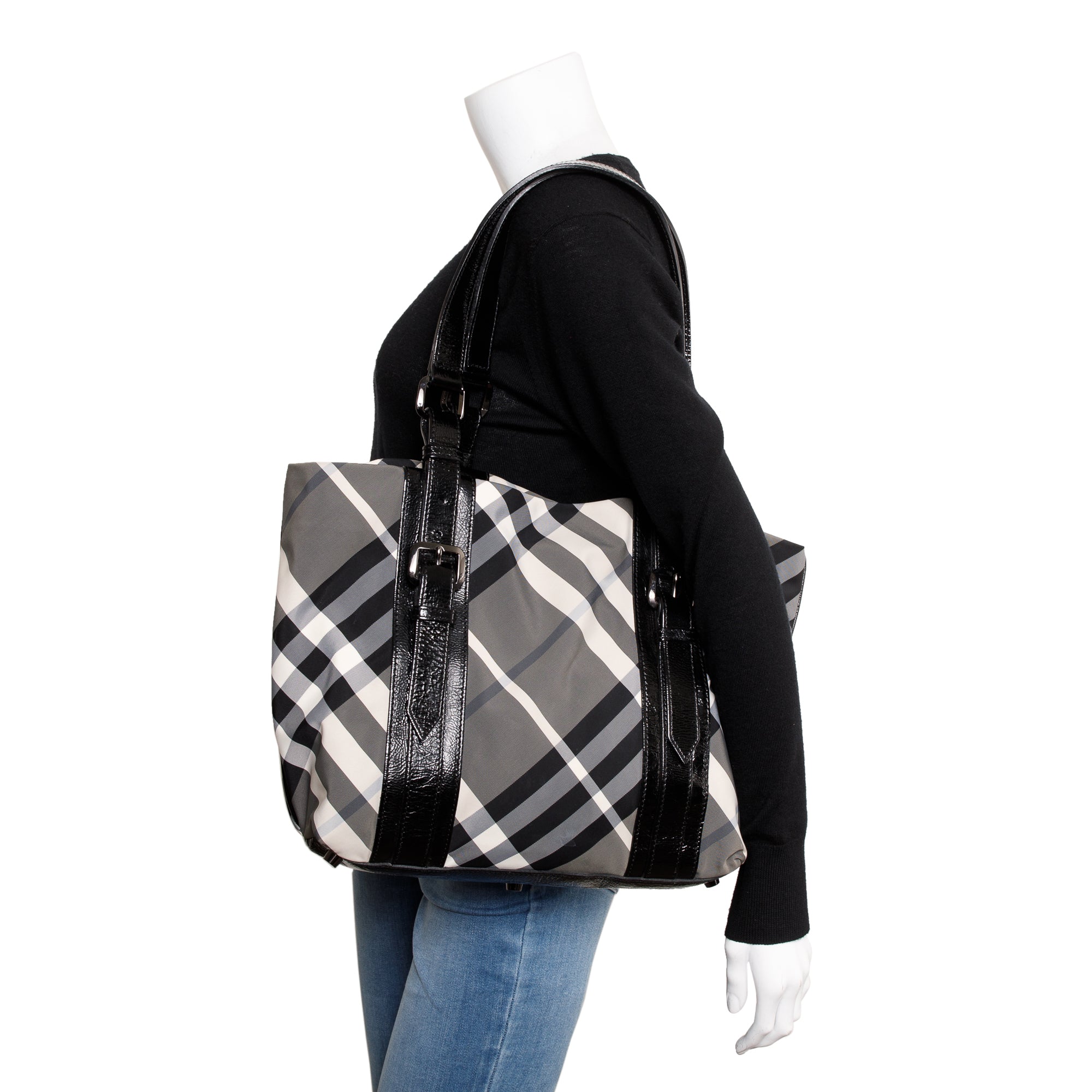 Burberry Black & White Beat Check Nylon Tote Bag