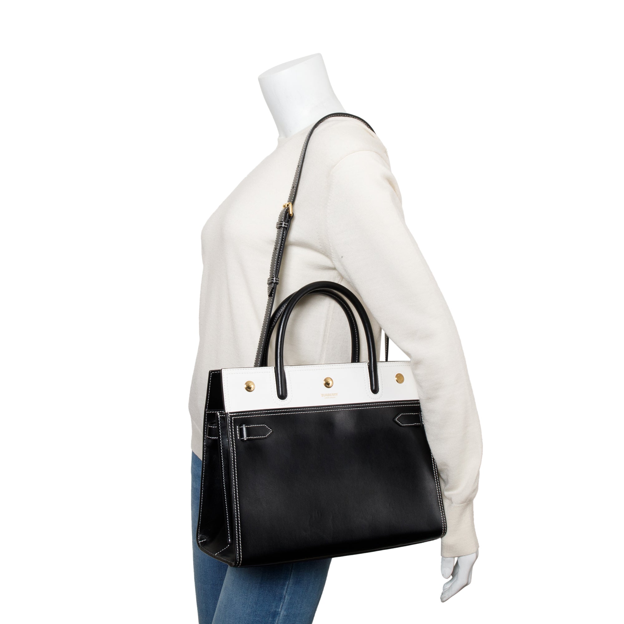 Burberry Black & White Calfskin Leather Small Two Handle Title Tote w/ Strap