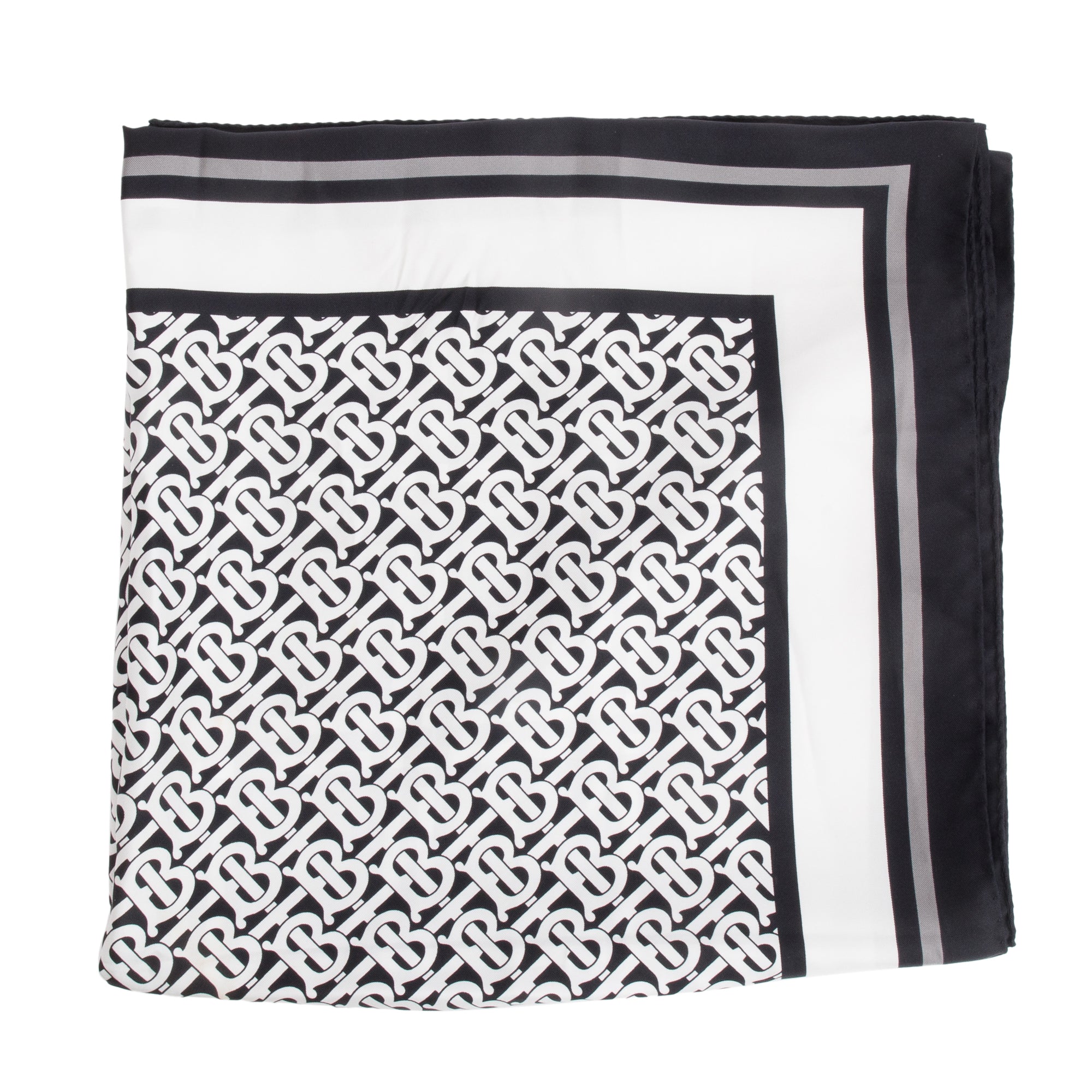 Burberry Black & White Vintage Check Icon Stripe TB Monogram Print Silk Scarf