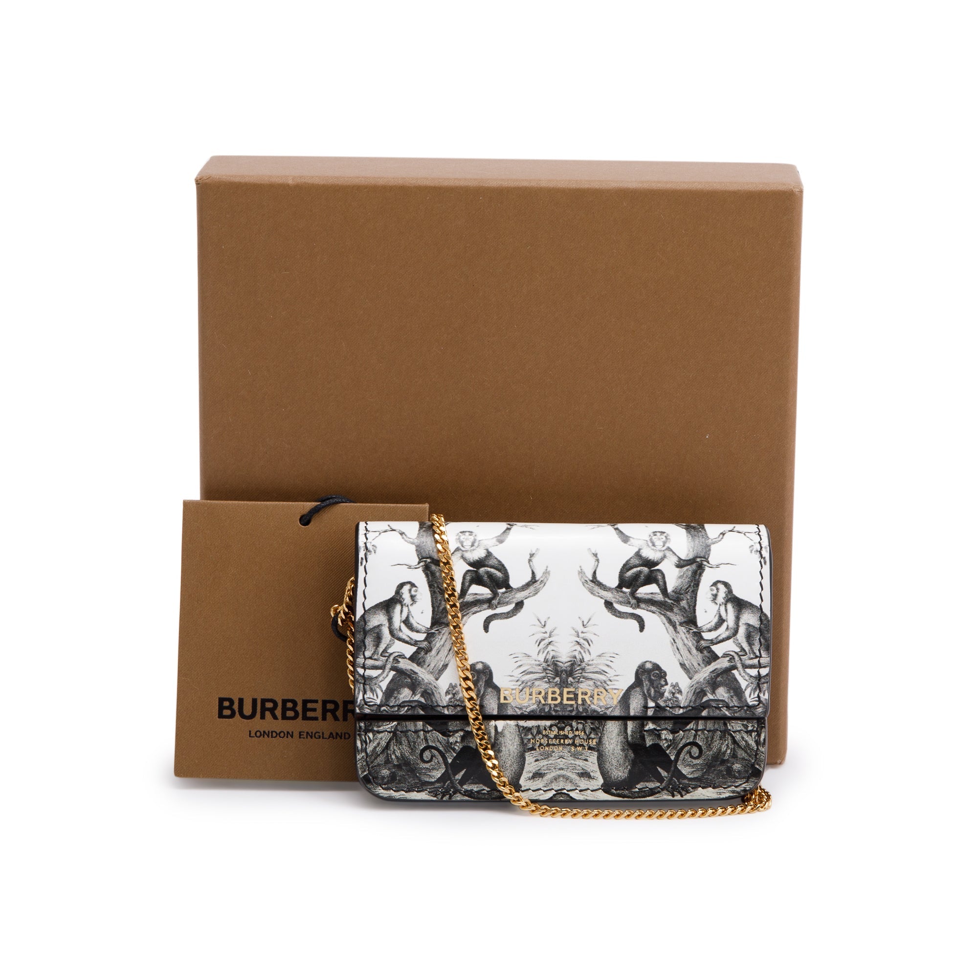 Burberry Black/White Monkey Print Leather Card Case On Chain w/ Box