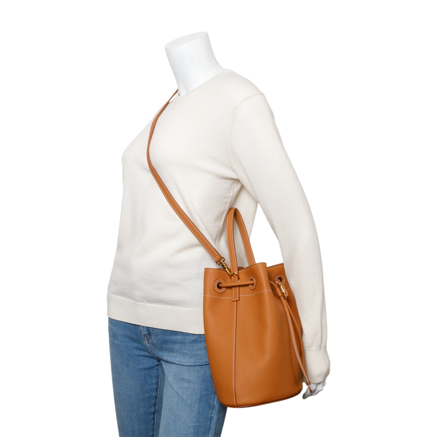 Burberry Brown Grained Leather Small TB Bucket Bag w/ Strap