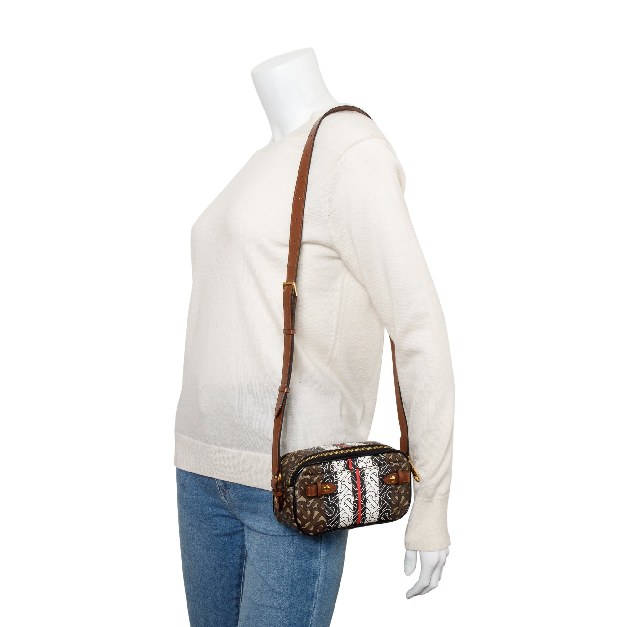 Burberry Brown TB Monogram Stripe E-Canvas Blue Micro Camera Crossbody Bag