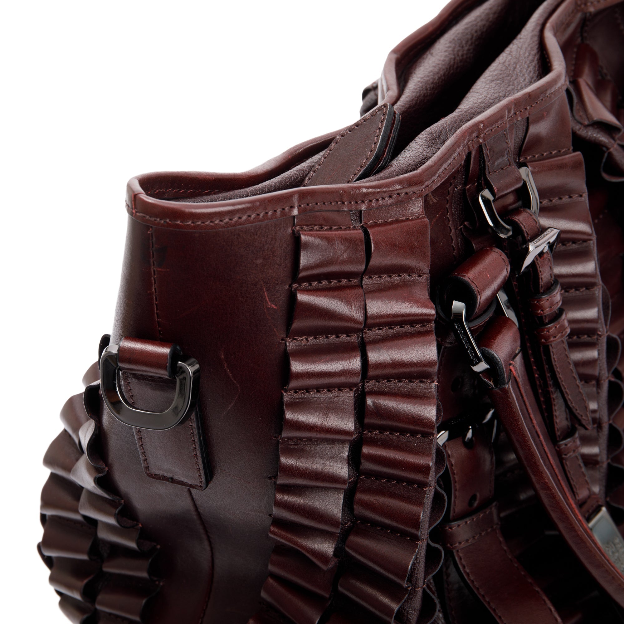 Burberry Burgundy Calfskin Leather Cartridge Pleated Lowry Tote w/ Strap