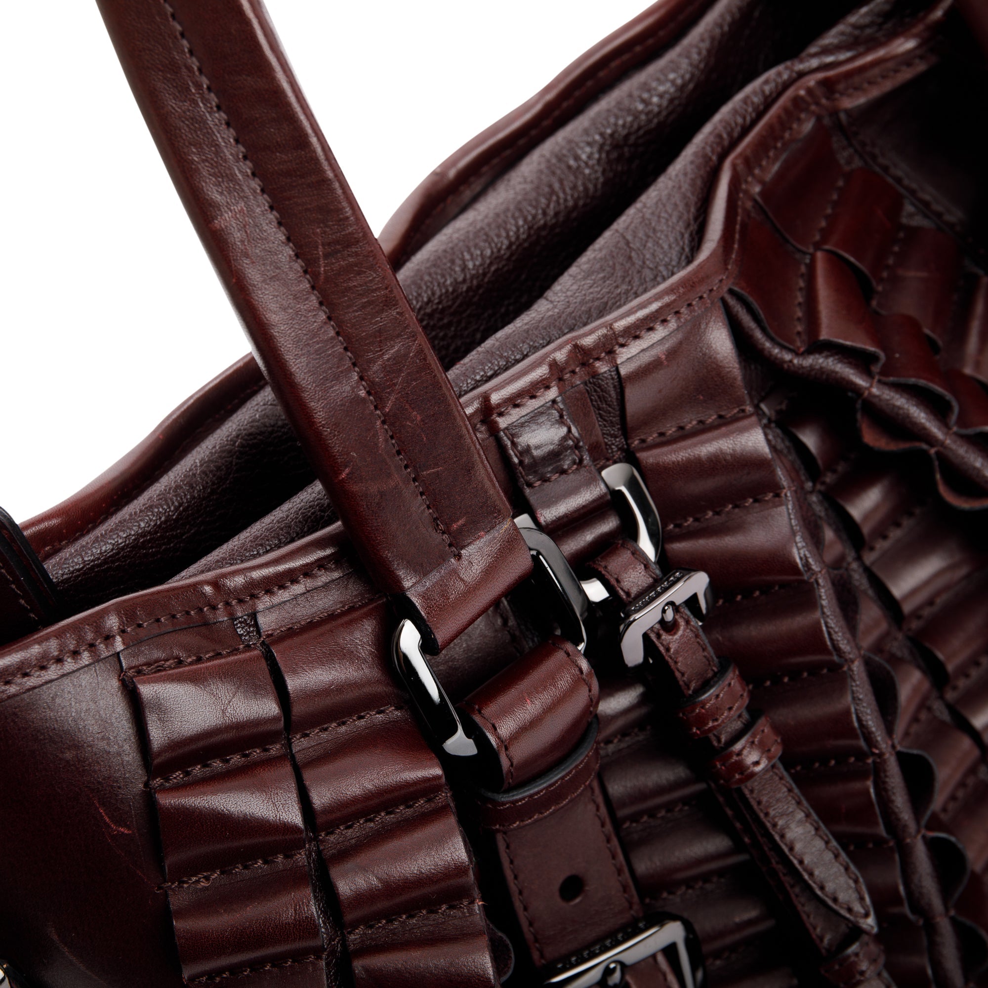 Burberry Burgundy Calfskin Leather Cartridge Pleated Lowry Tote w/ Strap