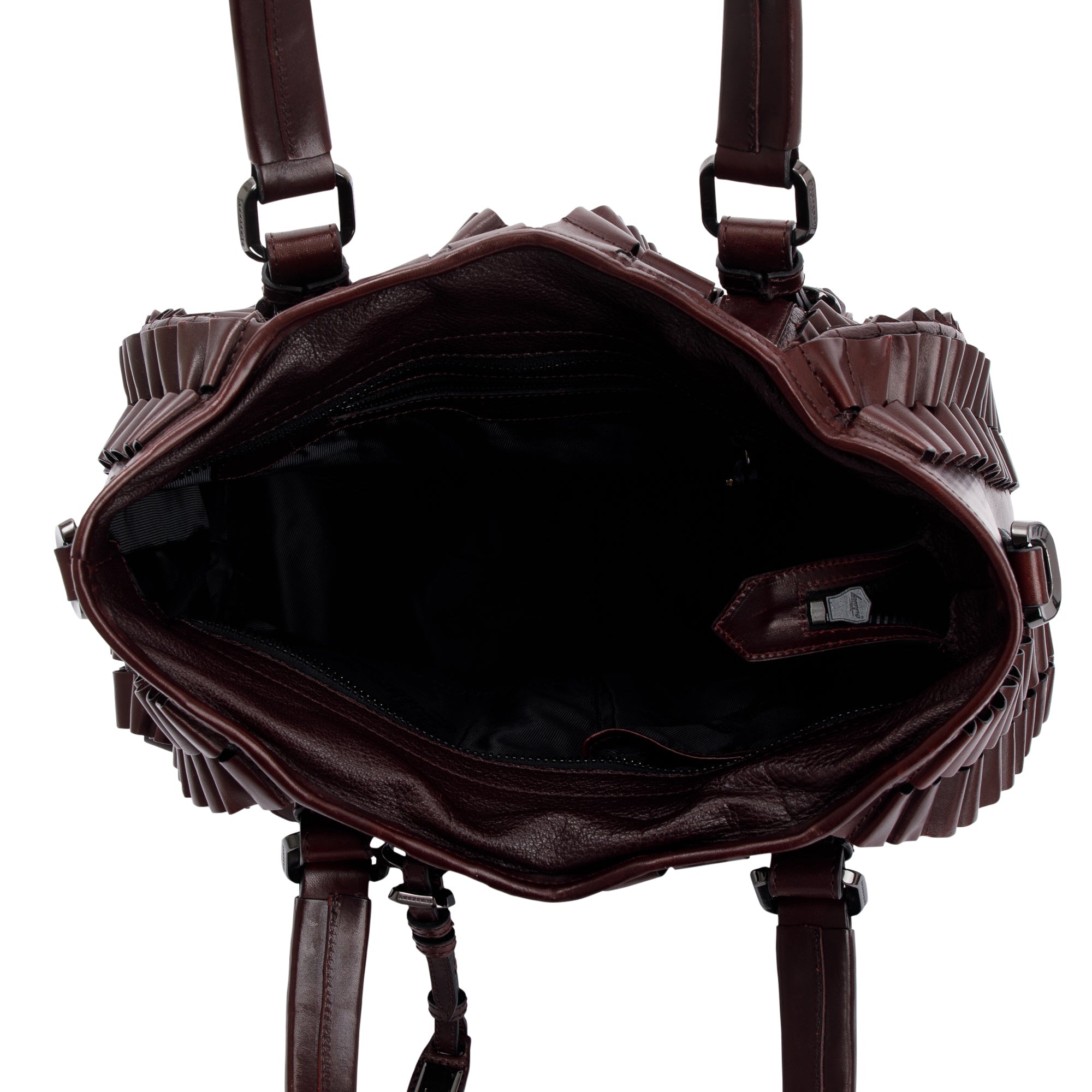 Burberry Burgundy Calfskin Leather Cartridge Pleated Lowry Tote w/ Strap