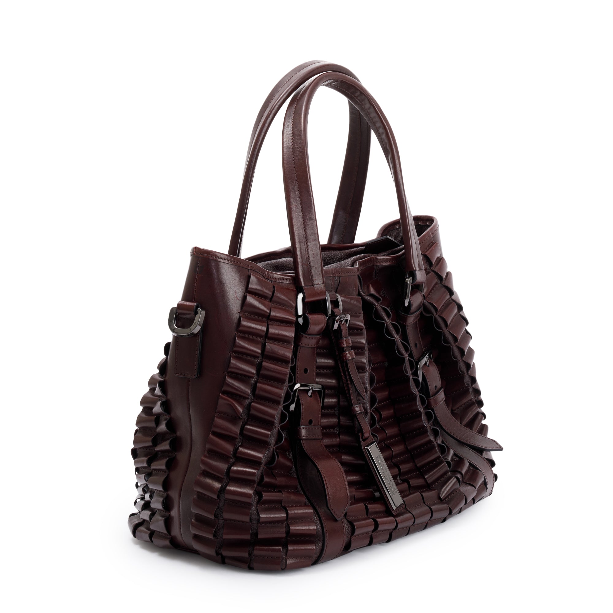 Burberry Burgundy Calfskin Leather Cartridge Pleated Lowry Tote w/ Strap