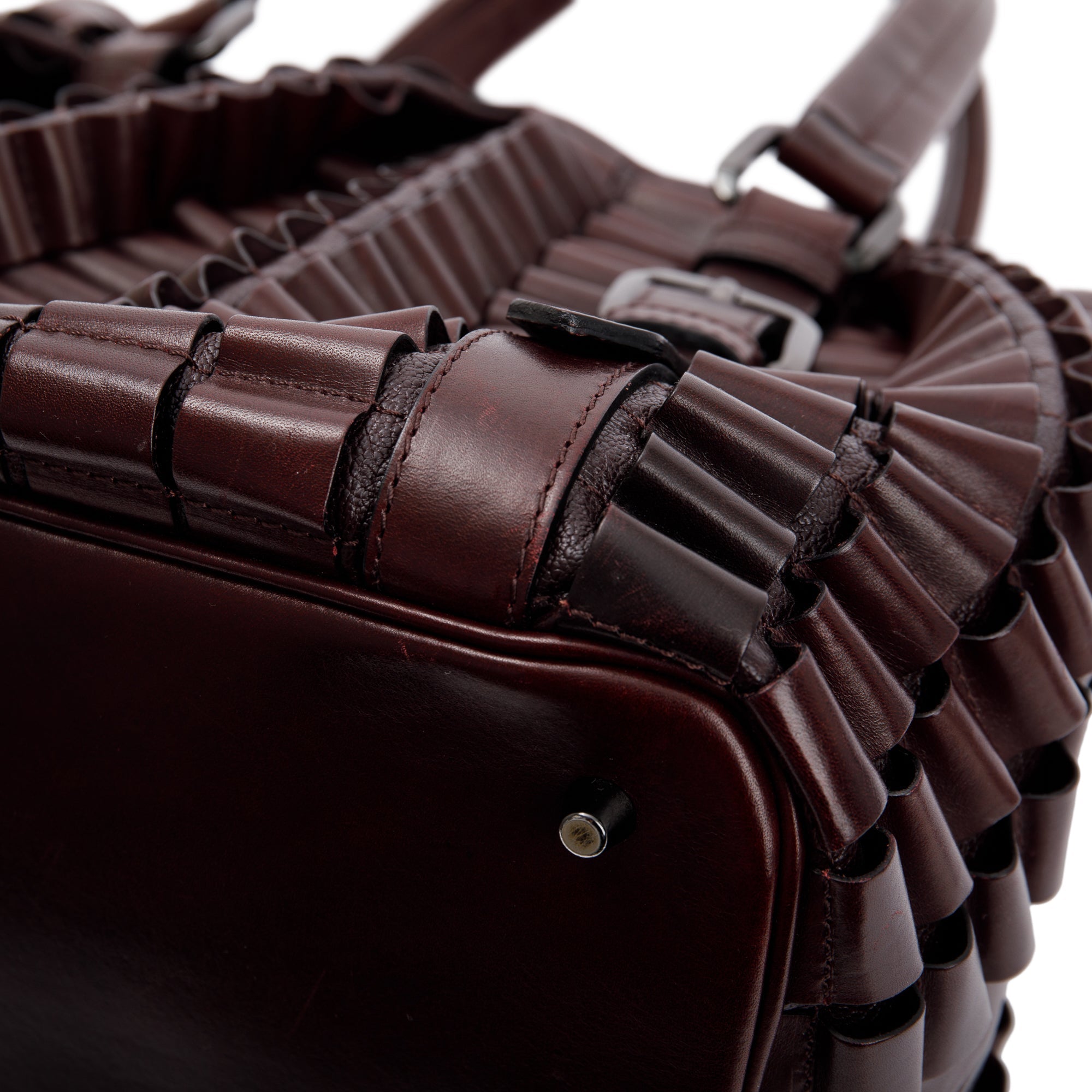 Burberry Burgundy Calfskin Leather Cartridge Pleated Lowry Tote w/ Strap