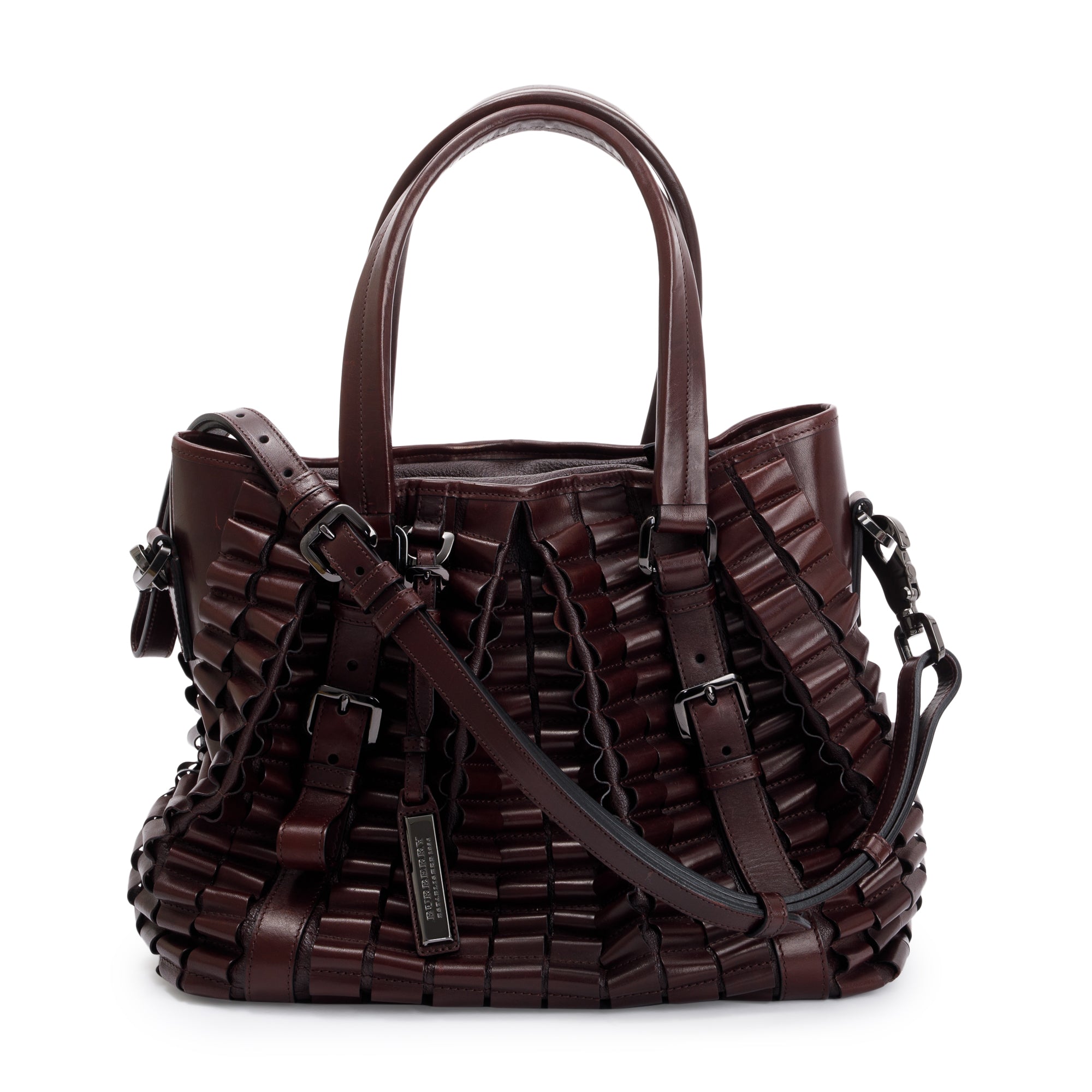 Burberry Burgundy Calfskin Leather Cartridge Pleated Lowry Tote w