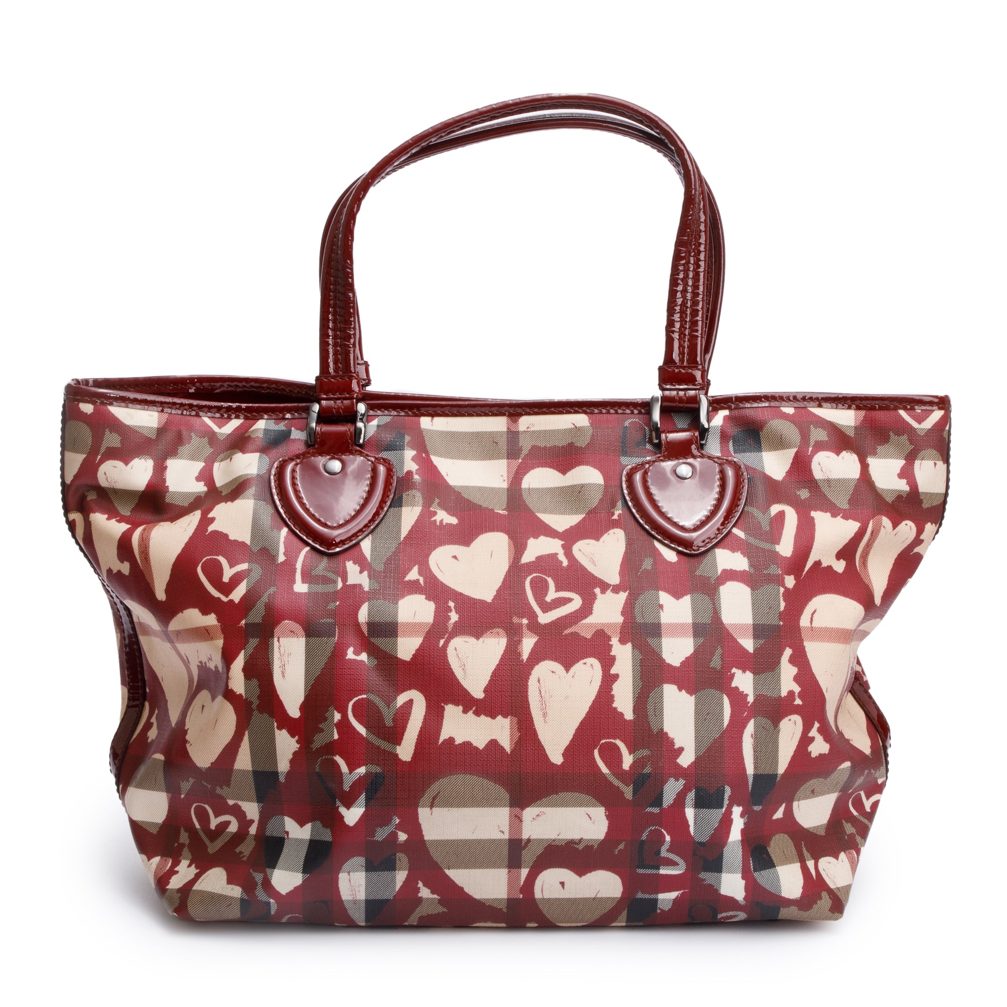 Burberry Burgundy Patent Heart Print Supernova Coated Canvas Nickie Tote Bag