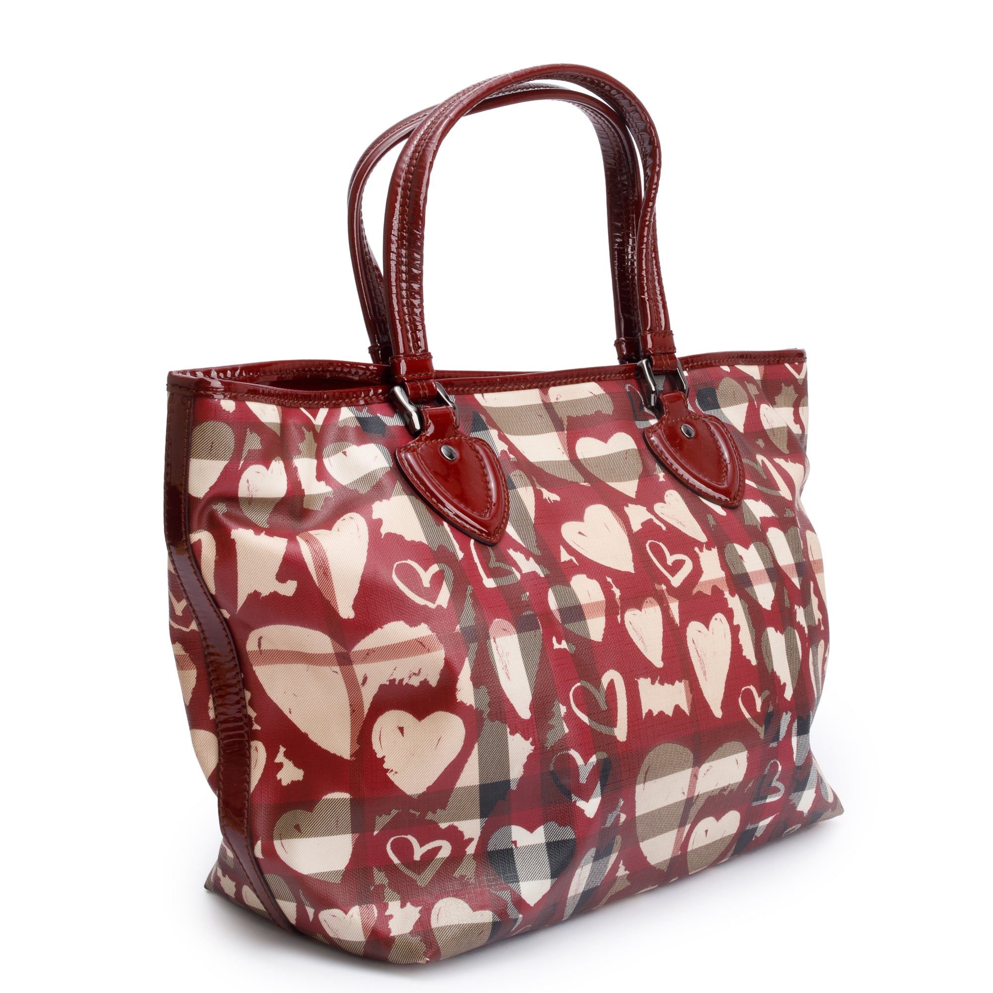 Burberry Burgundy Patent Heart Print Supernova Coated Canvas Nickie Tote Bag
