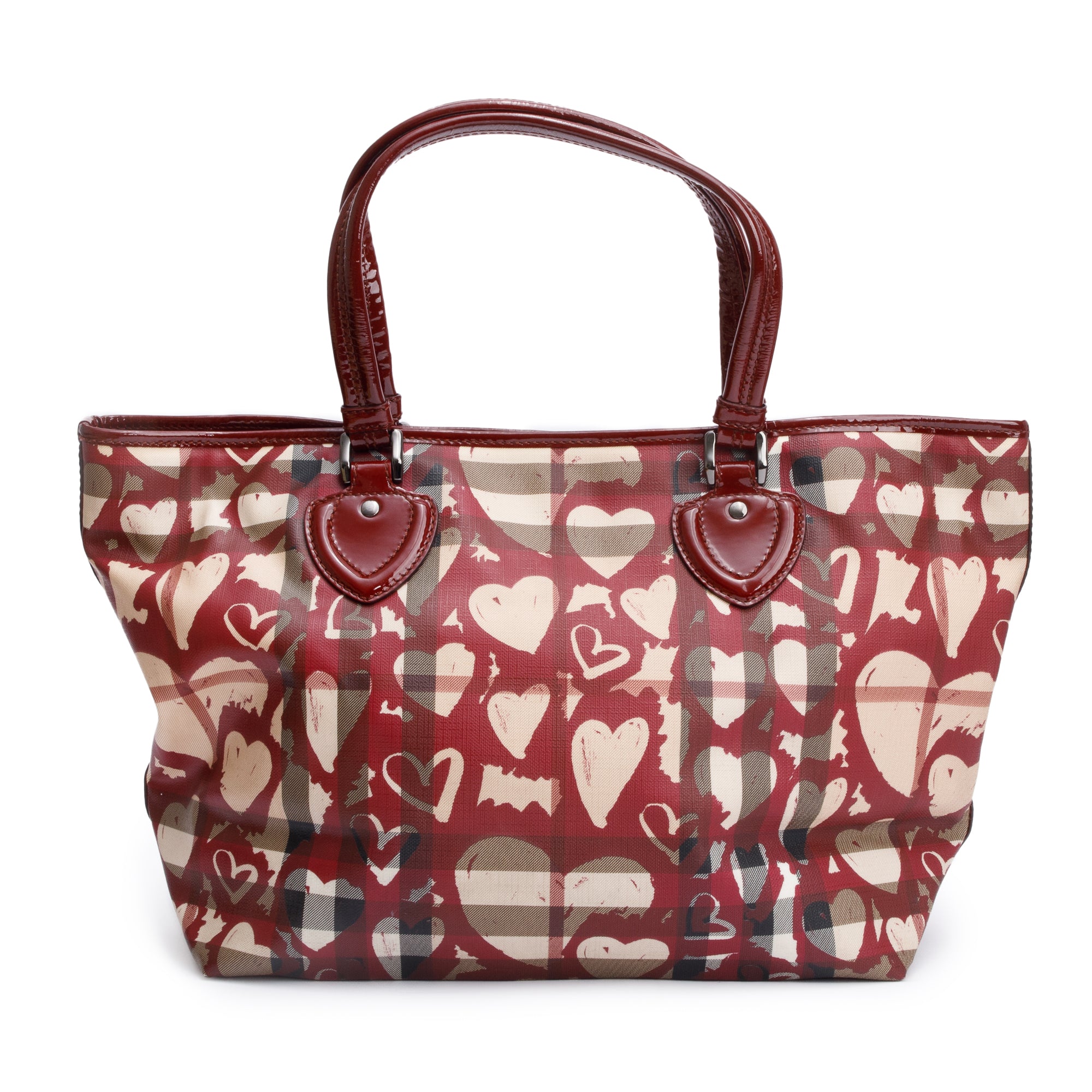 Burberry Burgundy Patent Heart Print Supernova Coated Canvas Nickie Tote Bag