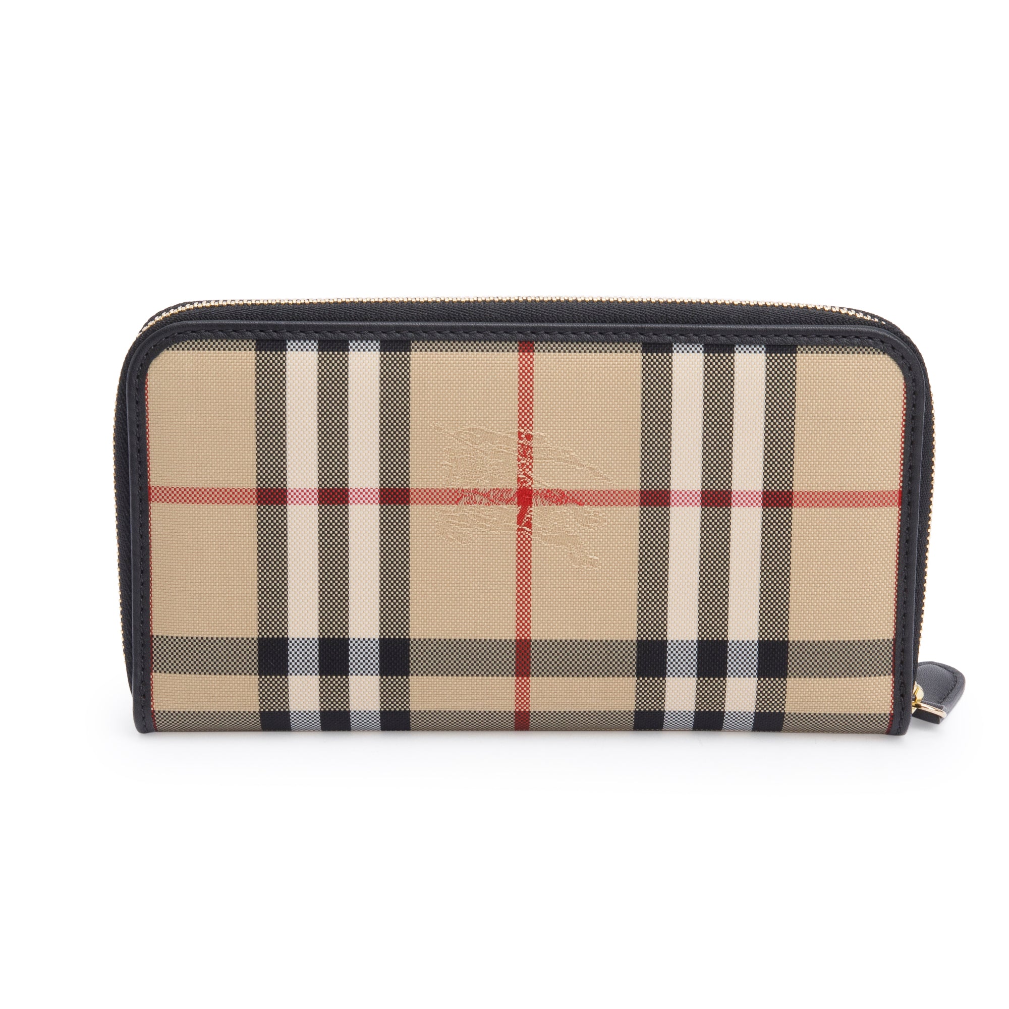 Burberry Check Canvas Black Leather Trim Derby Continental Zip Wallet w/ Box