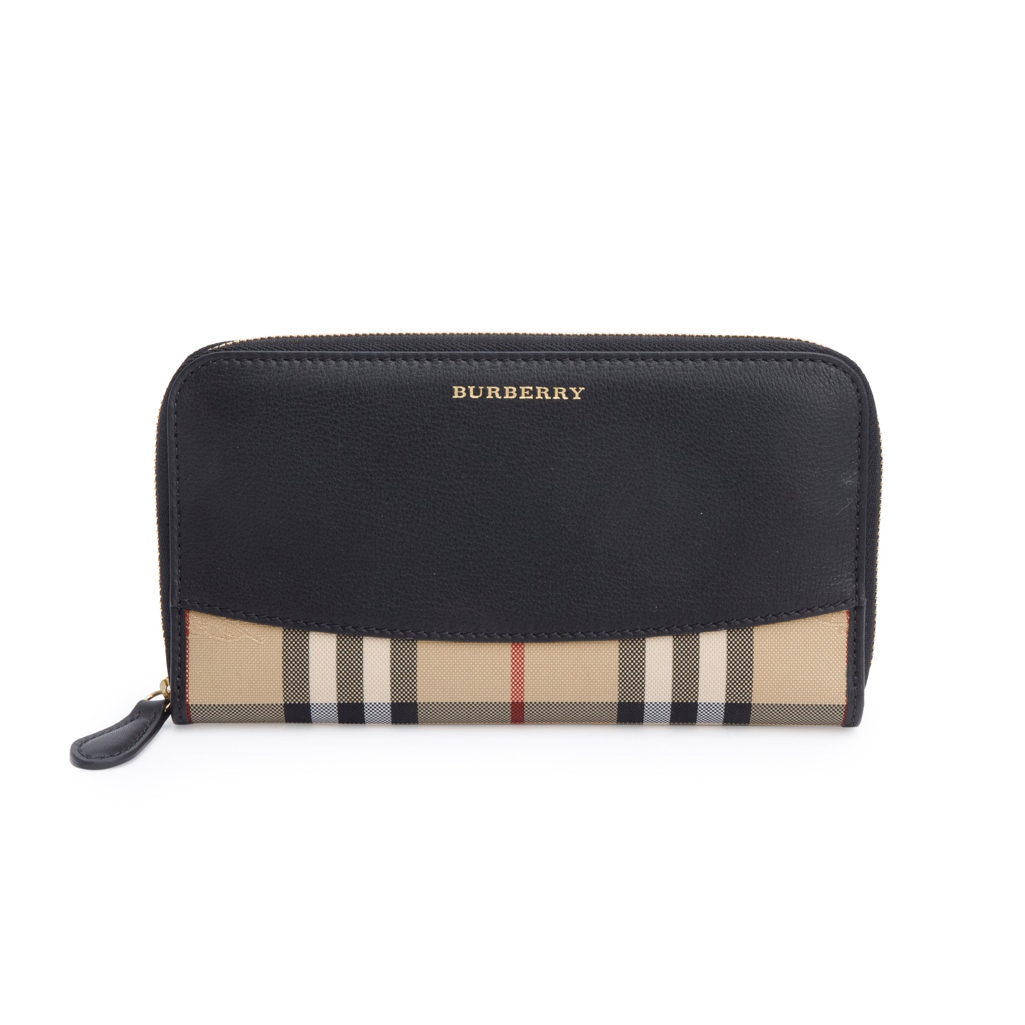 Burberry Check Canvas Black Leather Trim Derby Continental Zip Wallet w/ Box